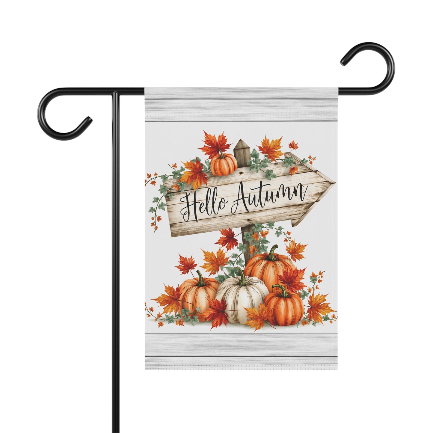Farmhouse autumn garden flag with white shiplap borders, featuring a wooden arrow signpost pointing right that reads Hello Autumn in script, surrounded by orange and white pumpkins and red maple leaves.