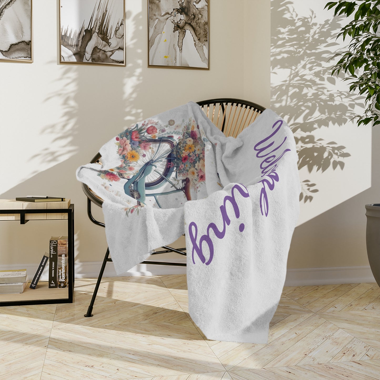 "Welcome Spring" Floral Bicycle Velveteen Blanket