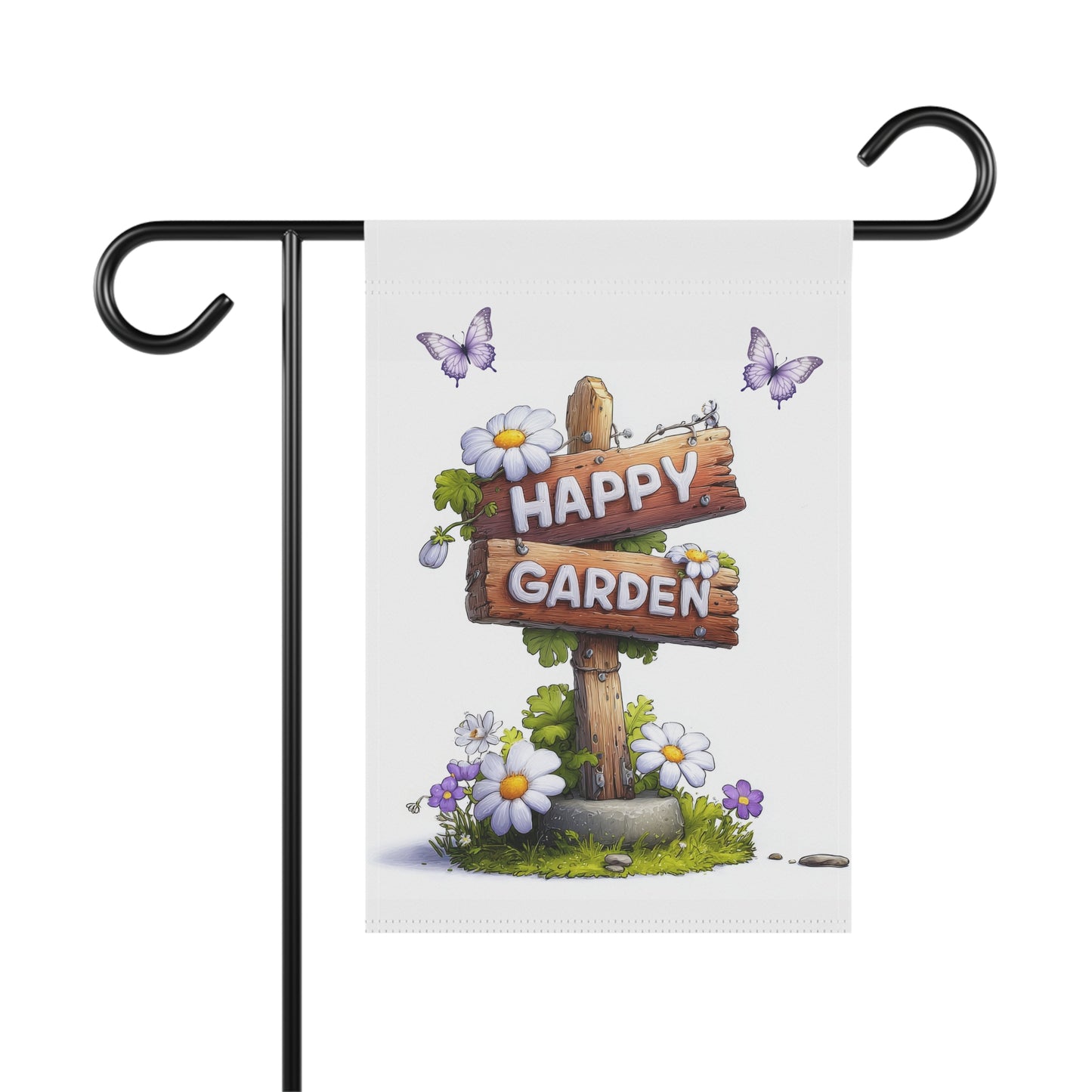 Whimsical garden flag featuring a rustic wooden signpost that reads Happy Garden, decorated with white daisies, small purple flowers, and two flying purple butterflies on a clean white background.