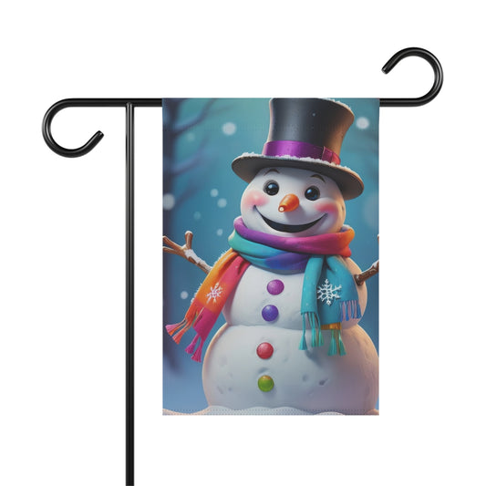 Cheerful snowman garden flag with a top hat and multicolored scarf, smiling in a snowy winter scene, on a black metal garden flag stand

