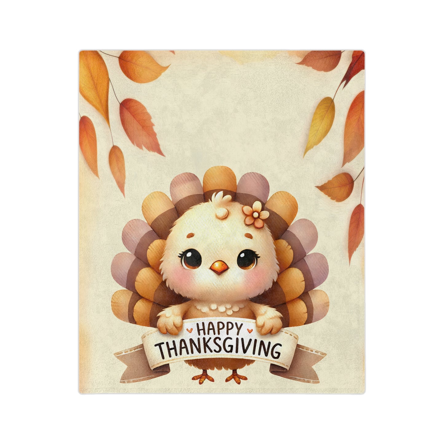 Happy Thanksgiving velveteen blanket with a cute cartoon turkey holding a "Happy Thanksgiving" banner, framed by autumn leaves.

