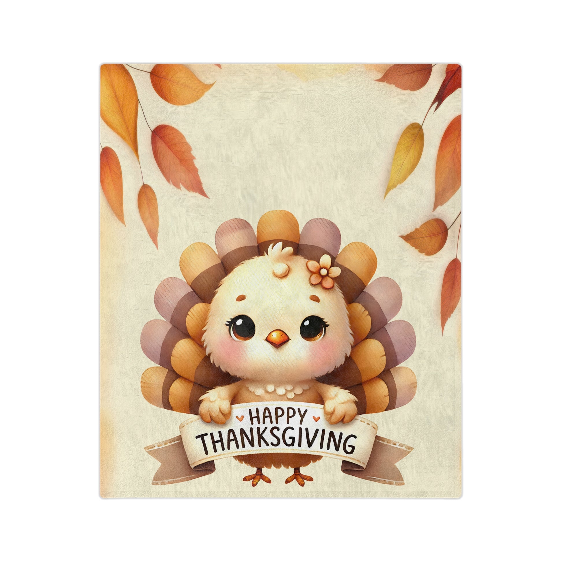 Happy Thanksgiving velveteen blanket with a cute cartoon turkey holding a "Happy Thanksgiving" banner, framed by autumn leaves.

