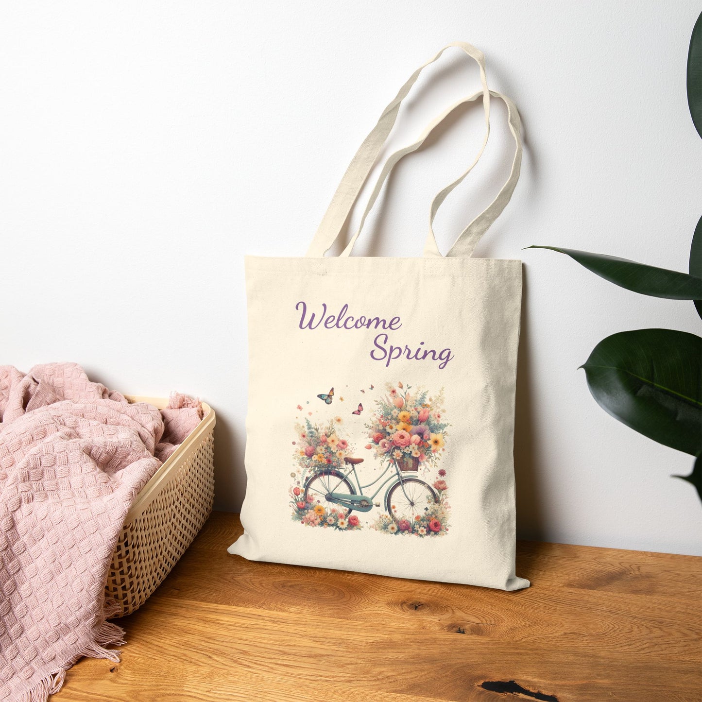 "Welcome Spring" Floral Bicycle Canvas Tote Bag