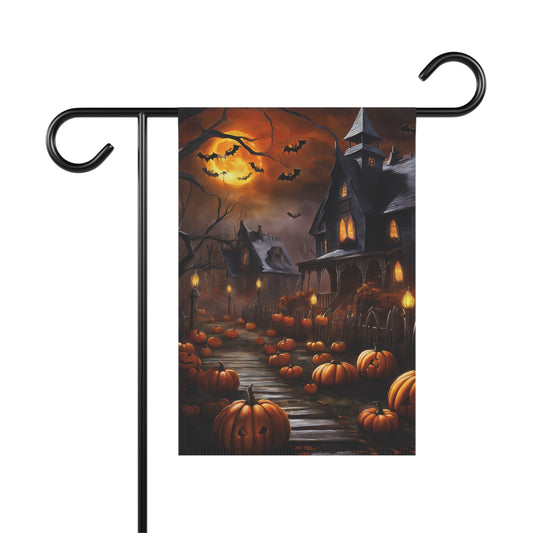 Halloween garden flag with haunted house, glowing pumpkins, full moon, and flying bats

