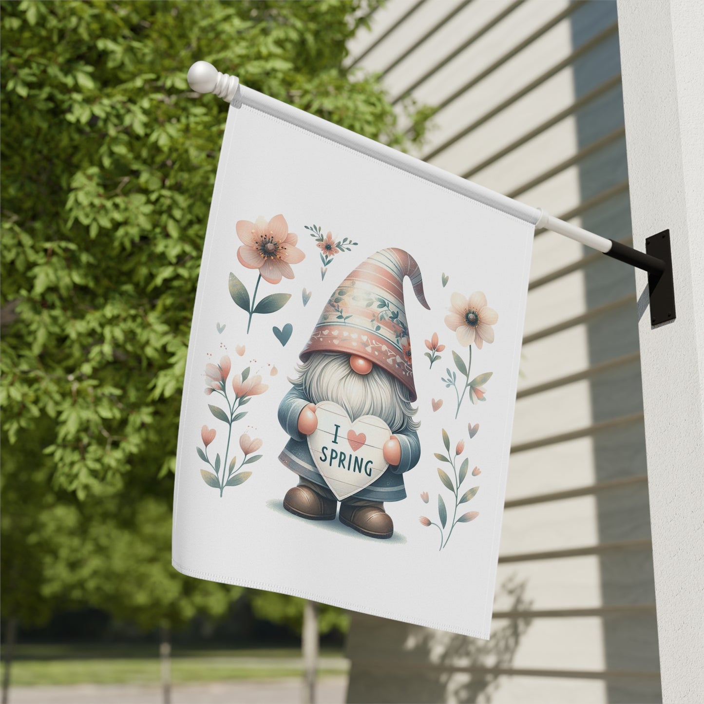 "I Love Spring" Gnome Garden Flag with Flowers