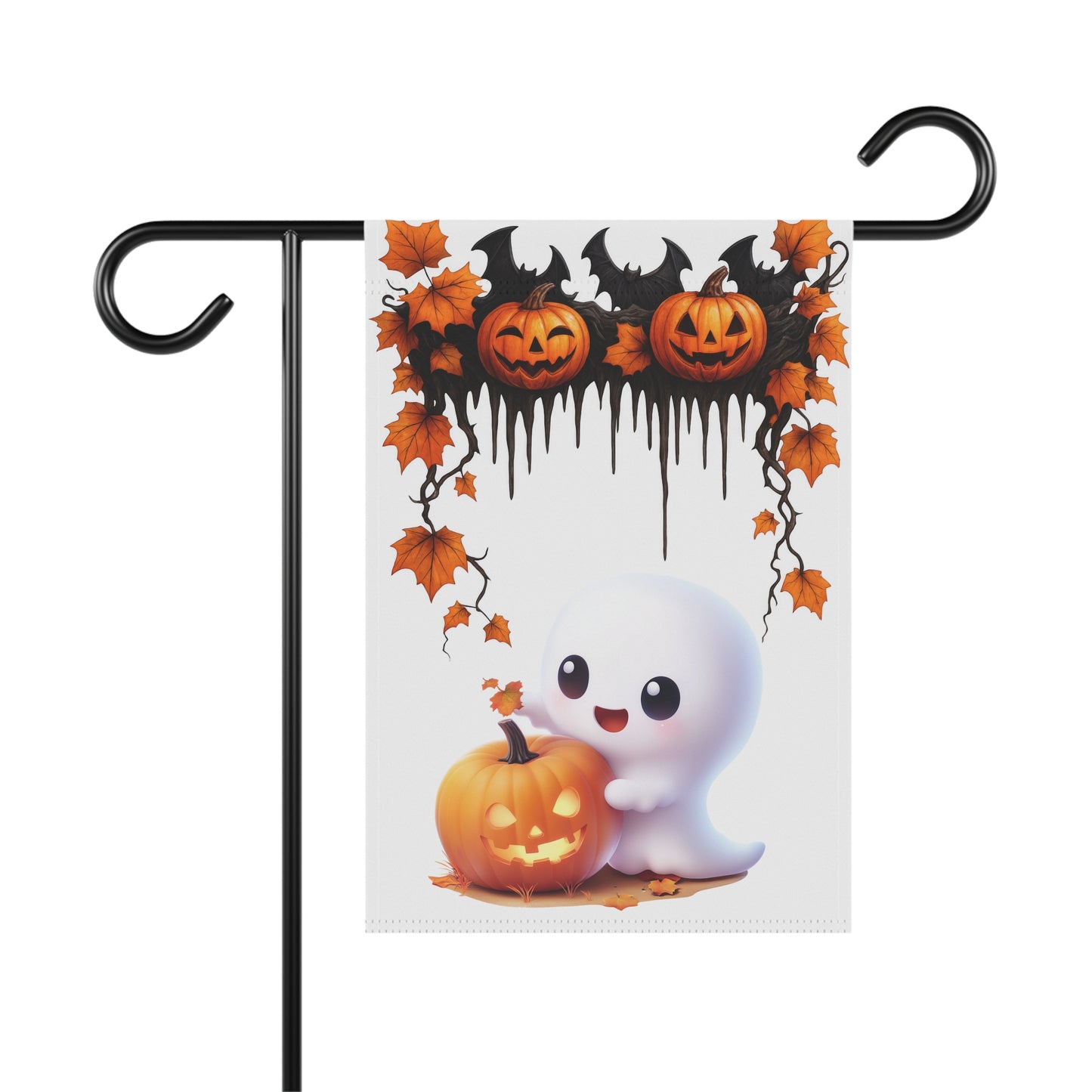 Whimsical Halloween garden flag featuring a cute cartoon white ghost hugging a glowing jack-o'-lantern, beneath a top border of dripping black vines, bats, pumpkins, and orange maple leaves.
