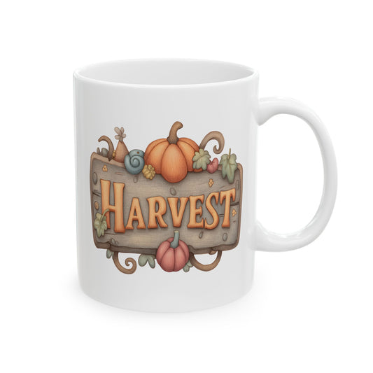 White ceramic mug featuring rustic wooden sign illustration with orange text reading Harvest surrounded by pumpkins and vines.