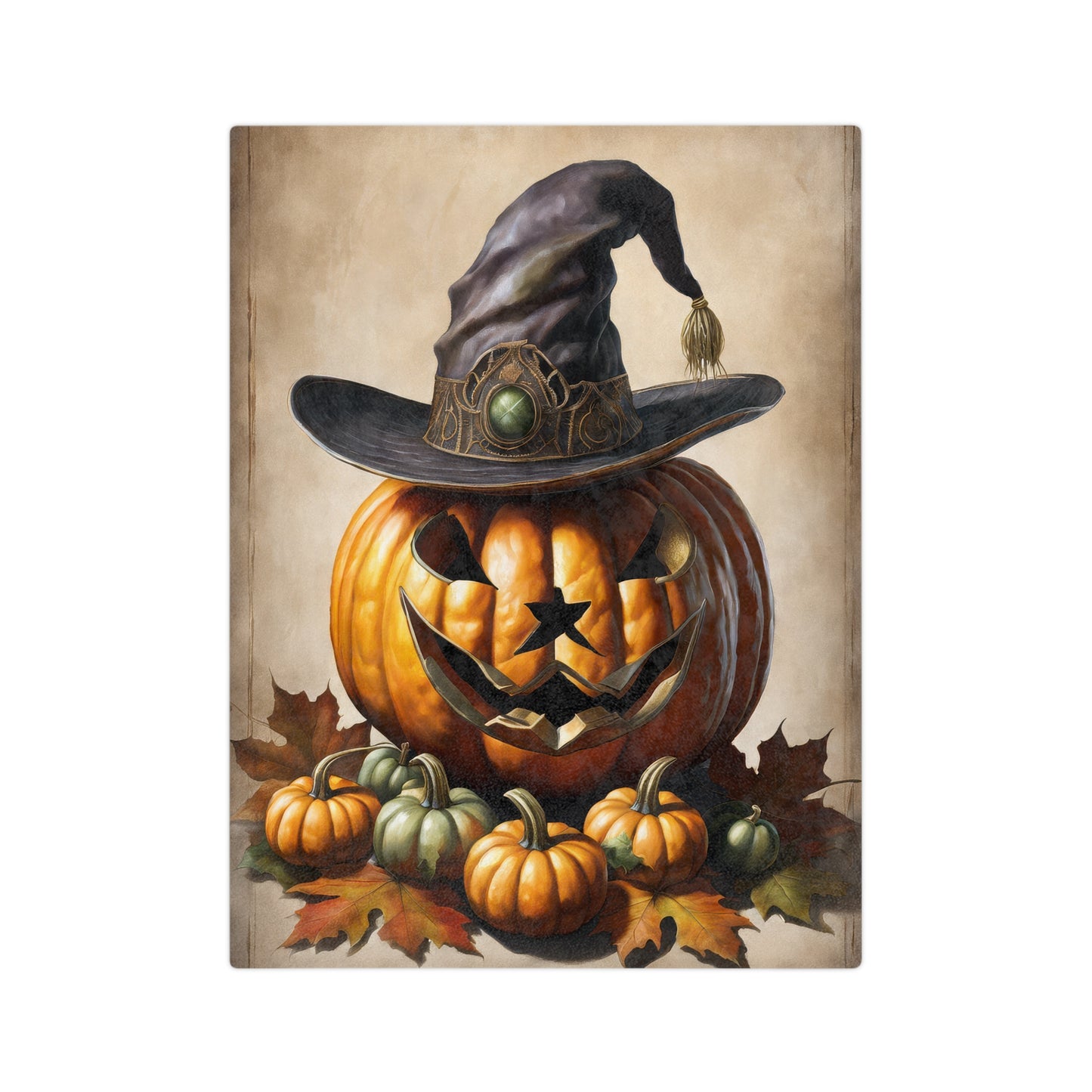 Halloween pumpkin with witch hat lightweight velveteen blanket surrounded by small pumpkins and autumn leaves

