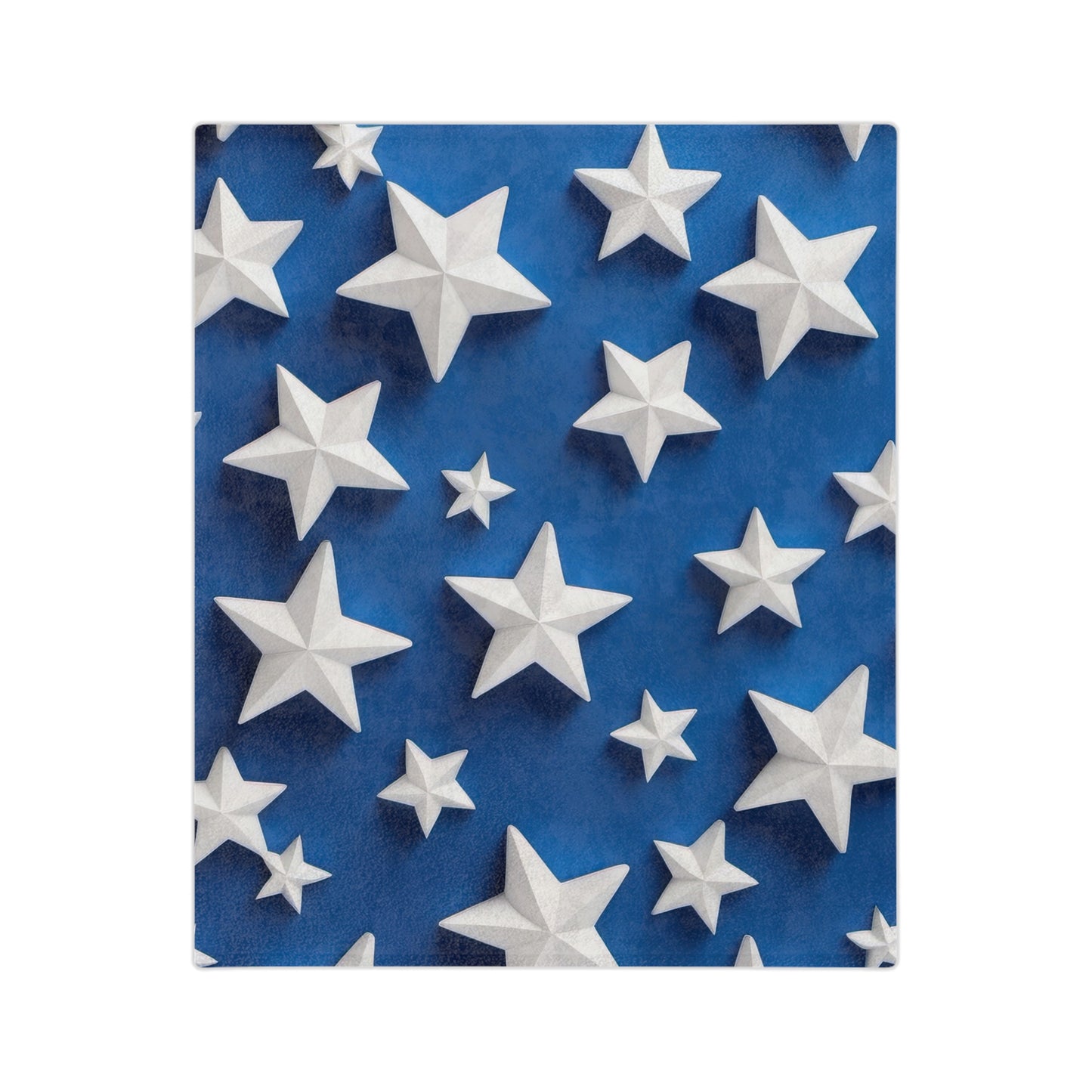 Velveteen plush blanket with deep blue background and dimensional white 3D stars in various sizes

