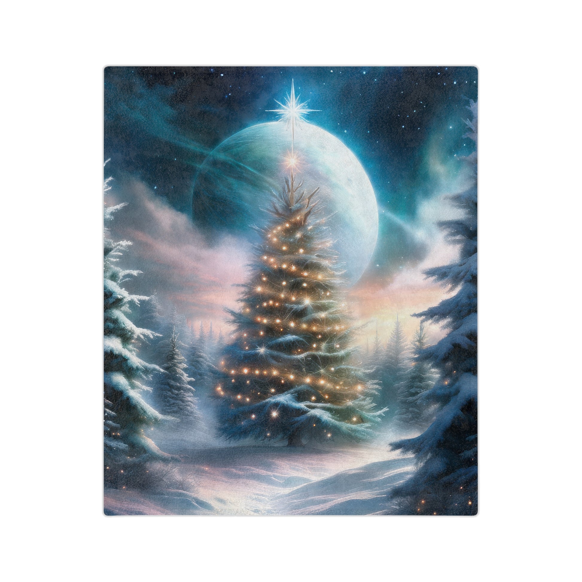Velveteen plush blanket featuring a glowing Christmas tree with lights, full moon, and snowy forest background
