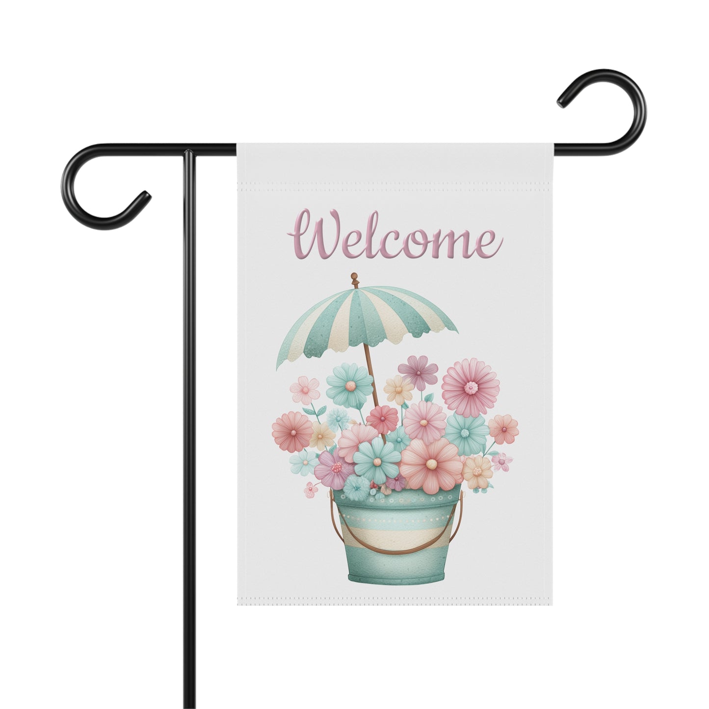 Spring garden flag featuring a pastel flower bucket topped with a blue and cream striped miniature umbrella beneath pink script text reading Welcome.