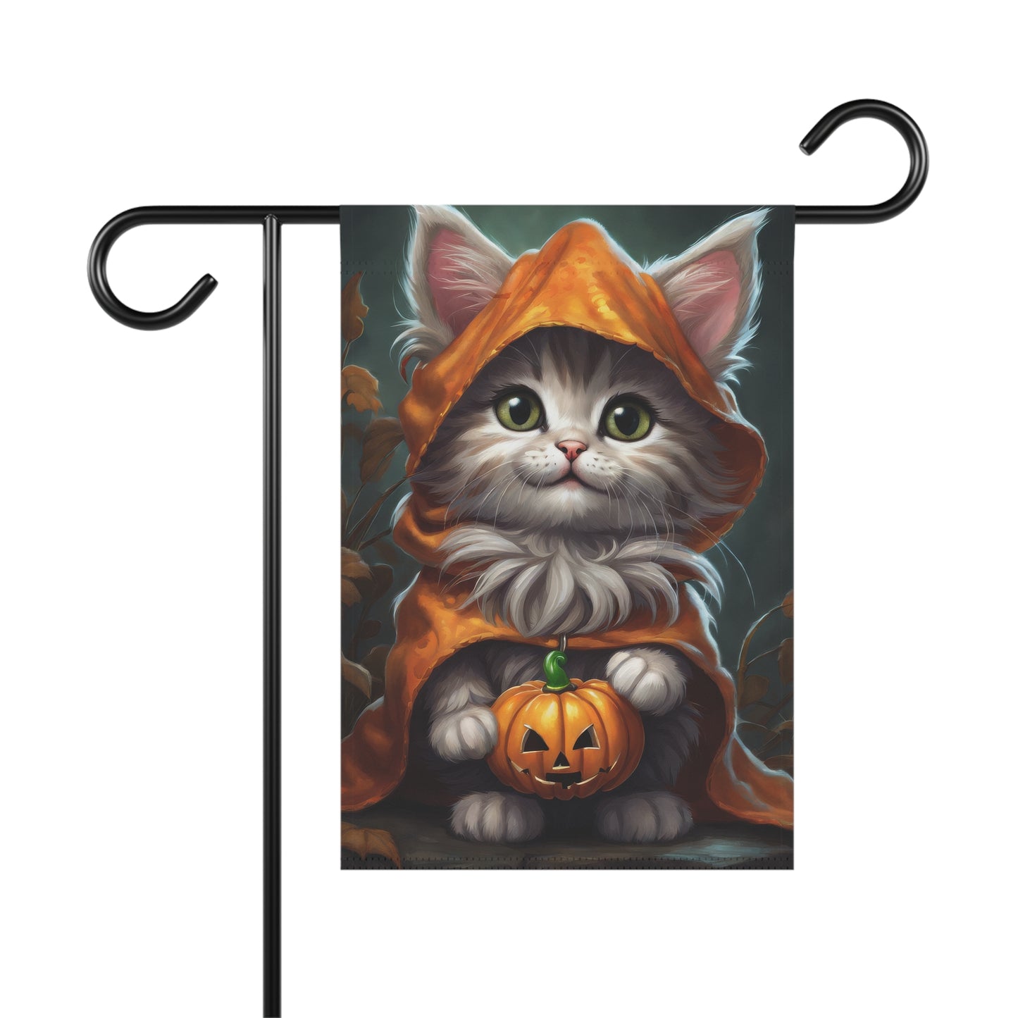 Cute Halloween garden flag with gray kitten in orange cloak holding jack-o'-lantern