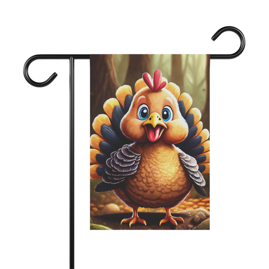 Cute cartoon Thanksgiving turkey garden flag with smiling turkey and colorful feathers in forest background