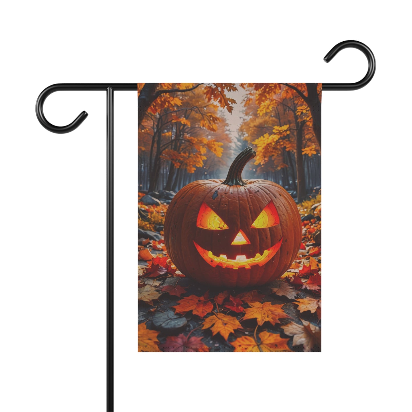 “Glowing jack-o’-lantern in autumn forest path covered with colorful leaves – Halloween garden flag design”