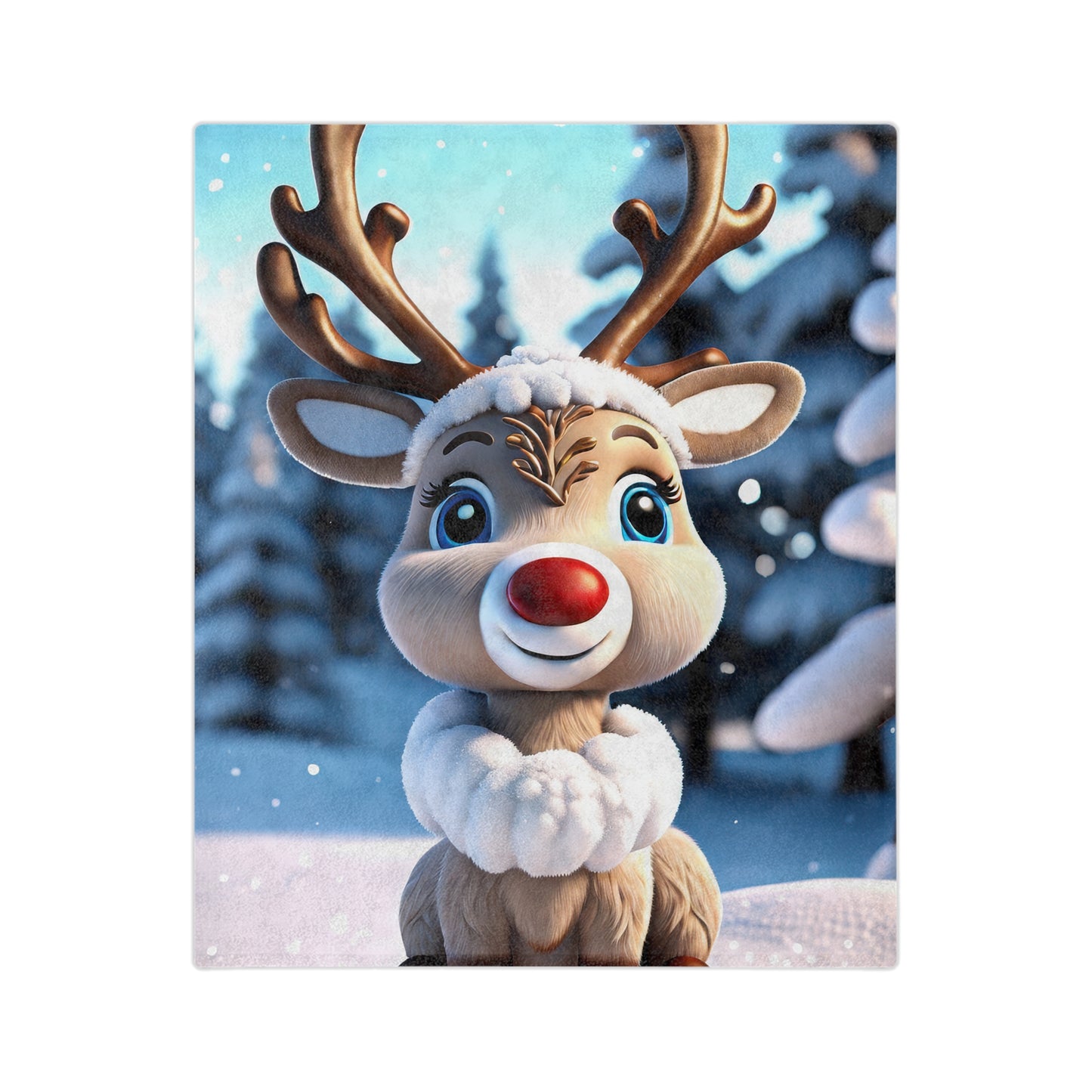 velveteen plush blanket featuring a cute Christmas reindeer with big blue eyes, a red nose, and white fluffy collar, in a snowy forest background