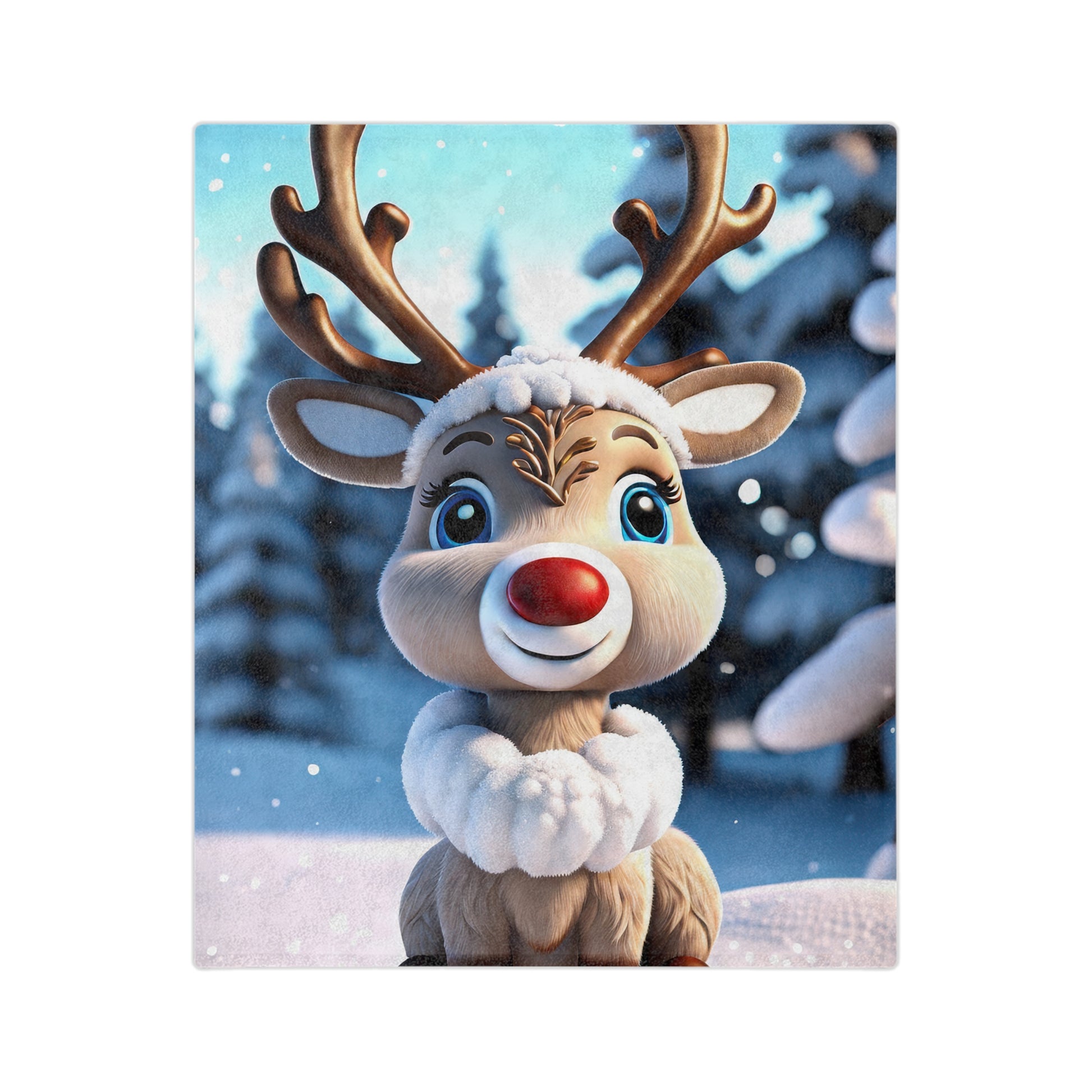 velveteen plush blanket featuring a cute Christmas reindeer with big blue eyes, a red nose, and white fluffy collar, in a snowy forest background