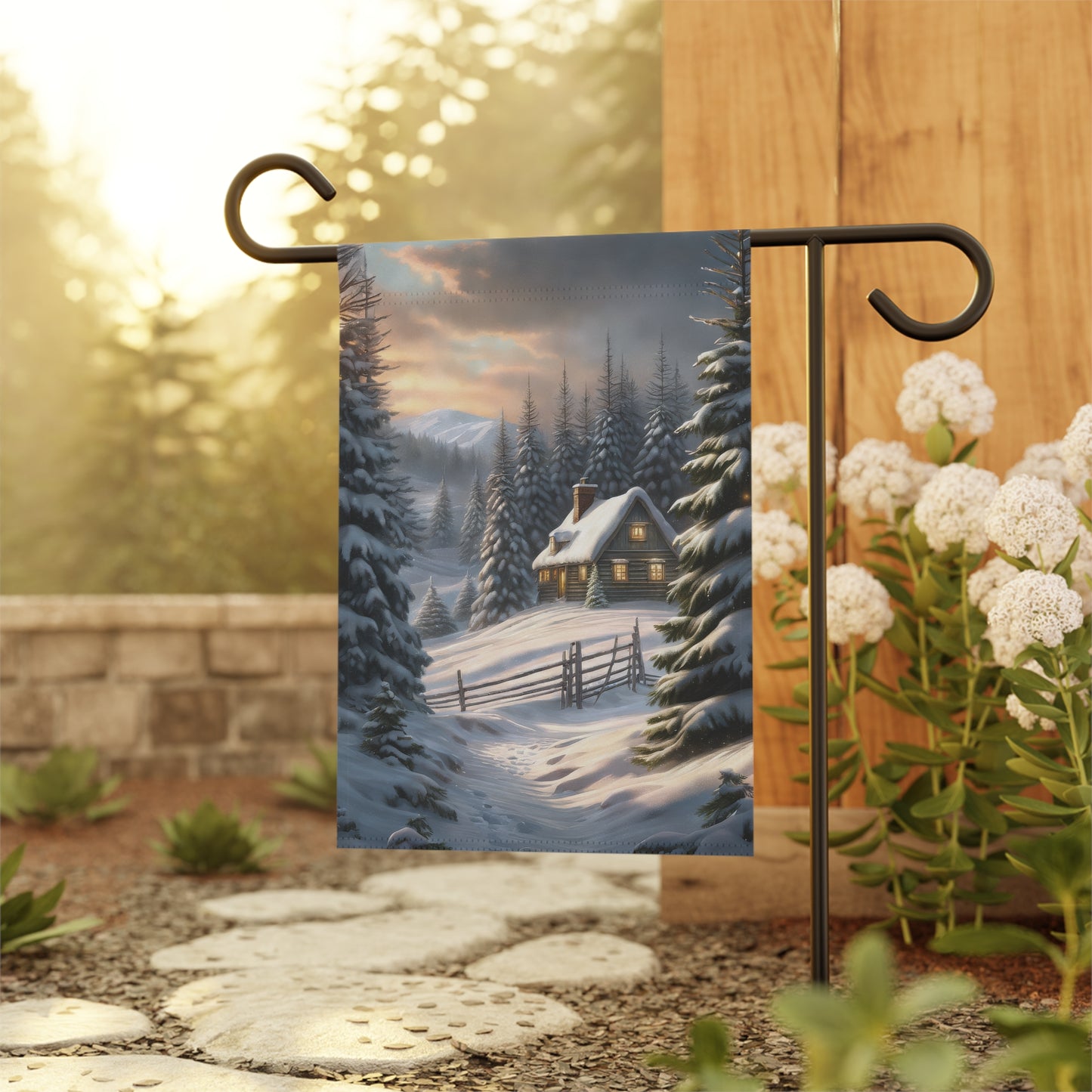 Rustic Snowy Cabin Garden Flag/ House Banner