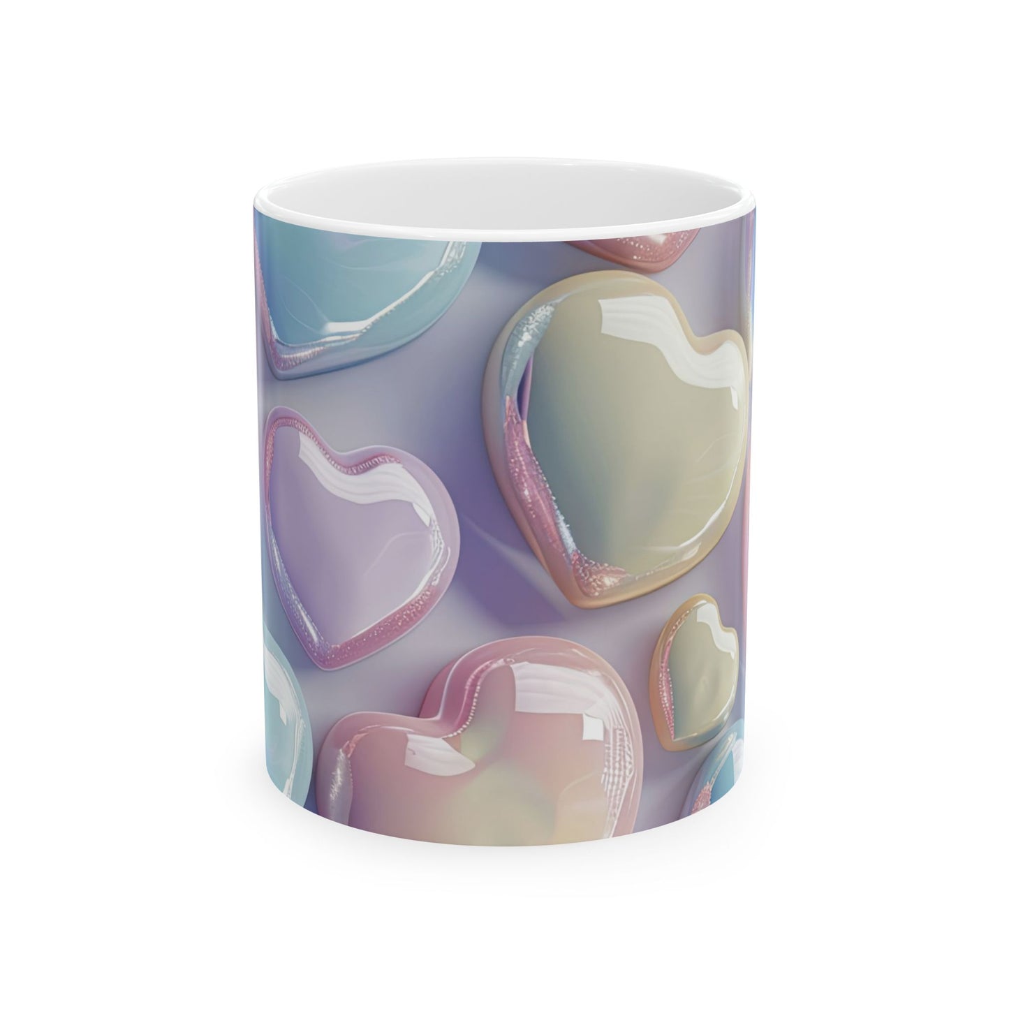 White ceramic coffee mug with a vibrant wraparound print of numerous glossy, iridescent hearts in shades of pastel pink, light blue, and cream, appearing bubble-like