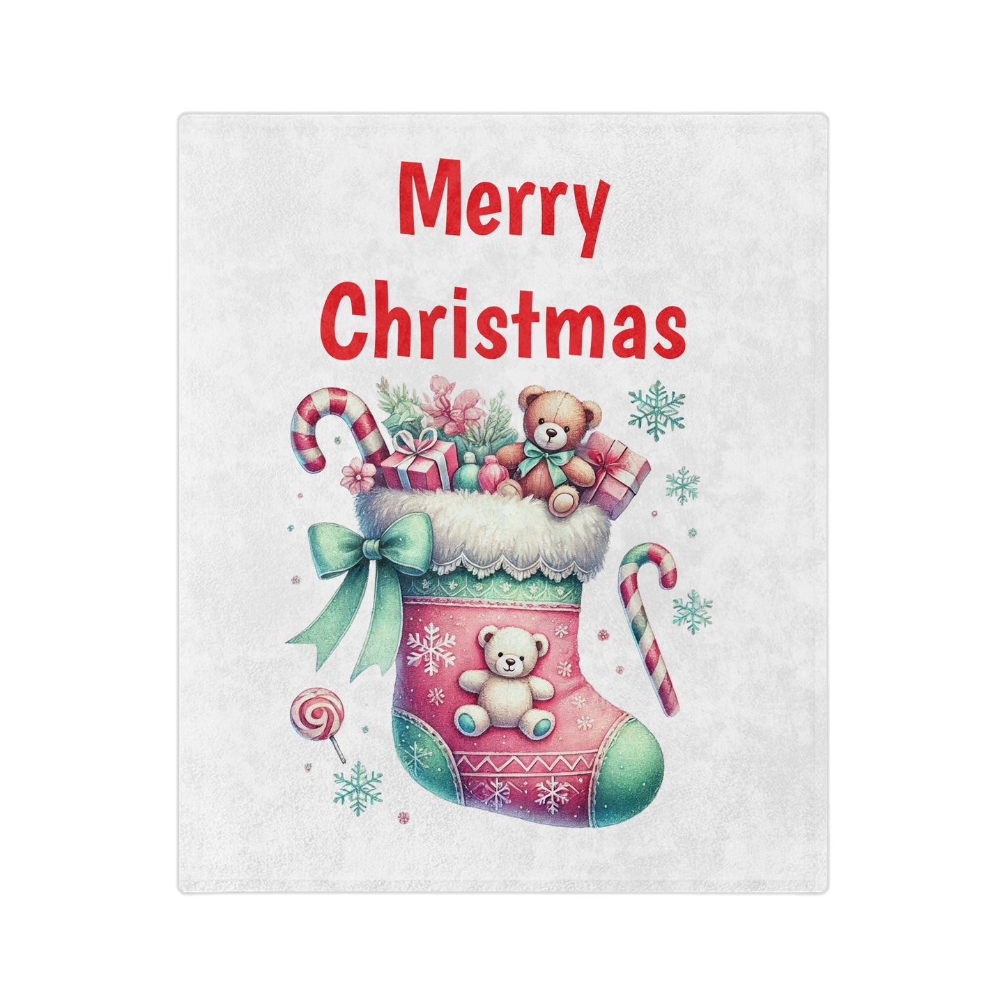 Velveteen plush blanket with cute Christmas stocking filled with teddy bears, candy canes, and gifts, with "Merry Christmas" text above
