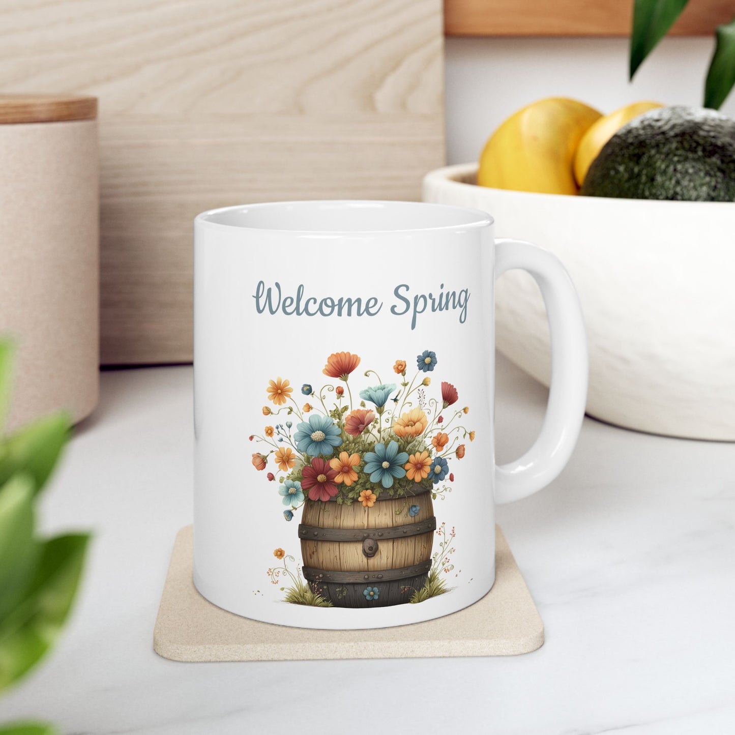 Welcome Spring Floral Barrel Mug