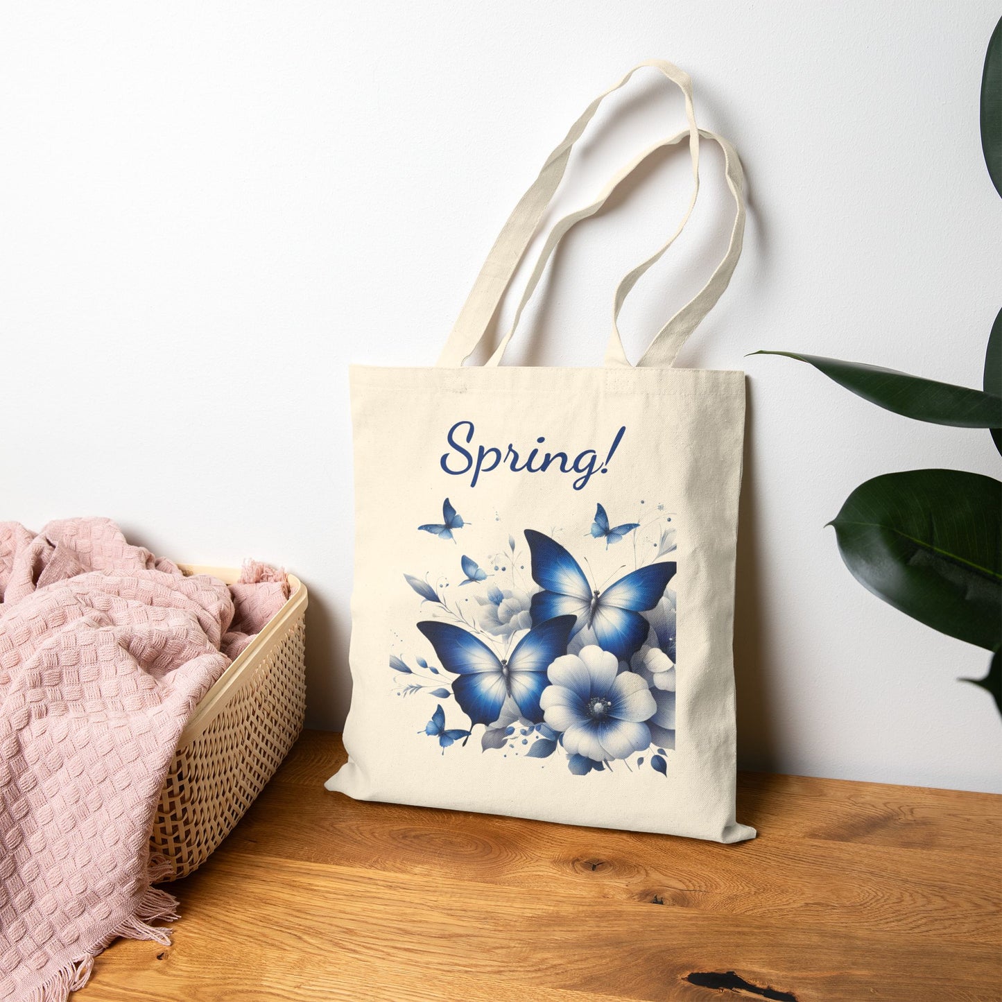 Beautiful  Blue Butterfly & Floral Canvas Tote Bag