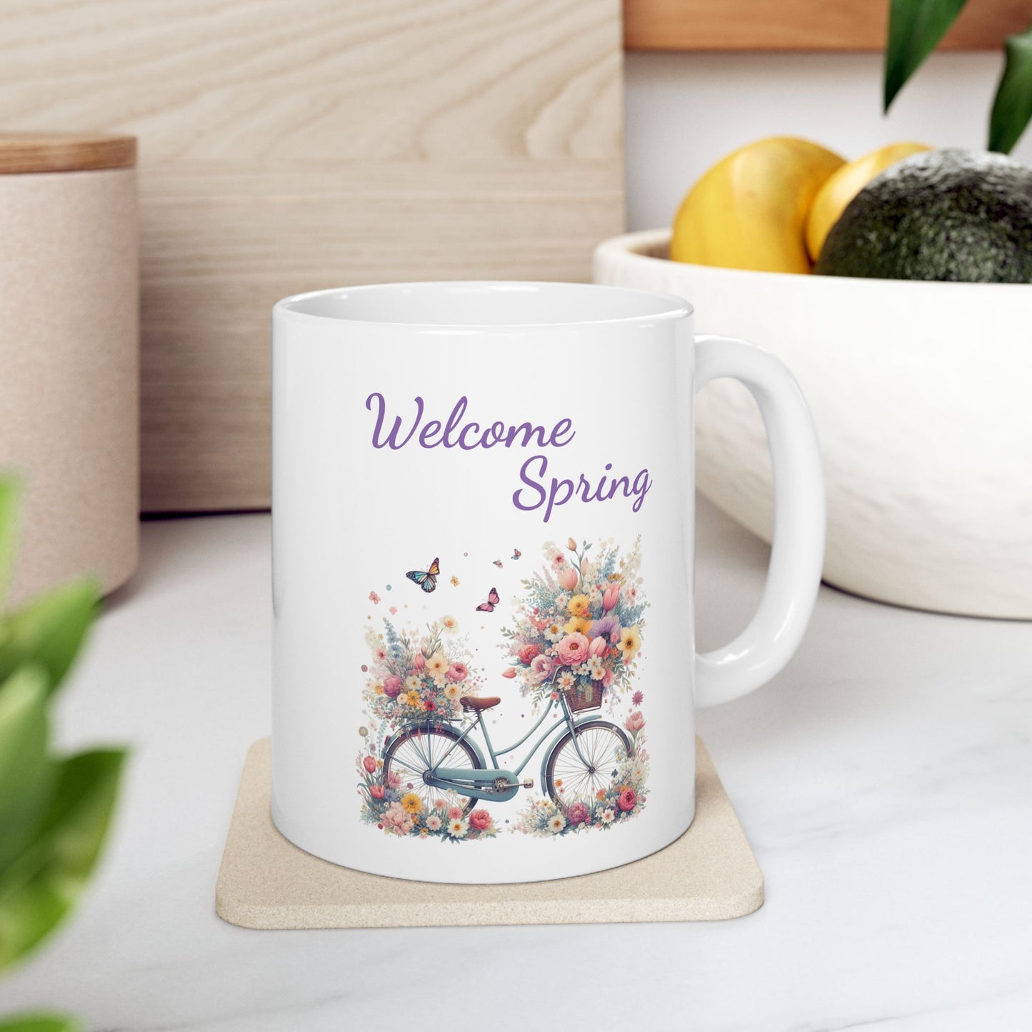 "Welcome Spring" Floral Bicycle Coffee Mug
