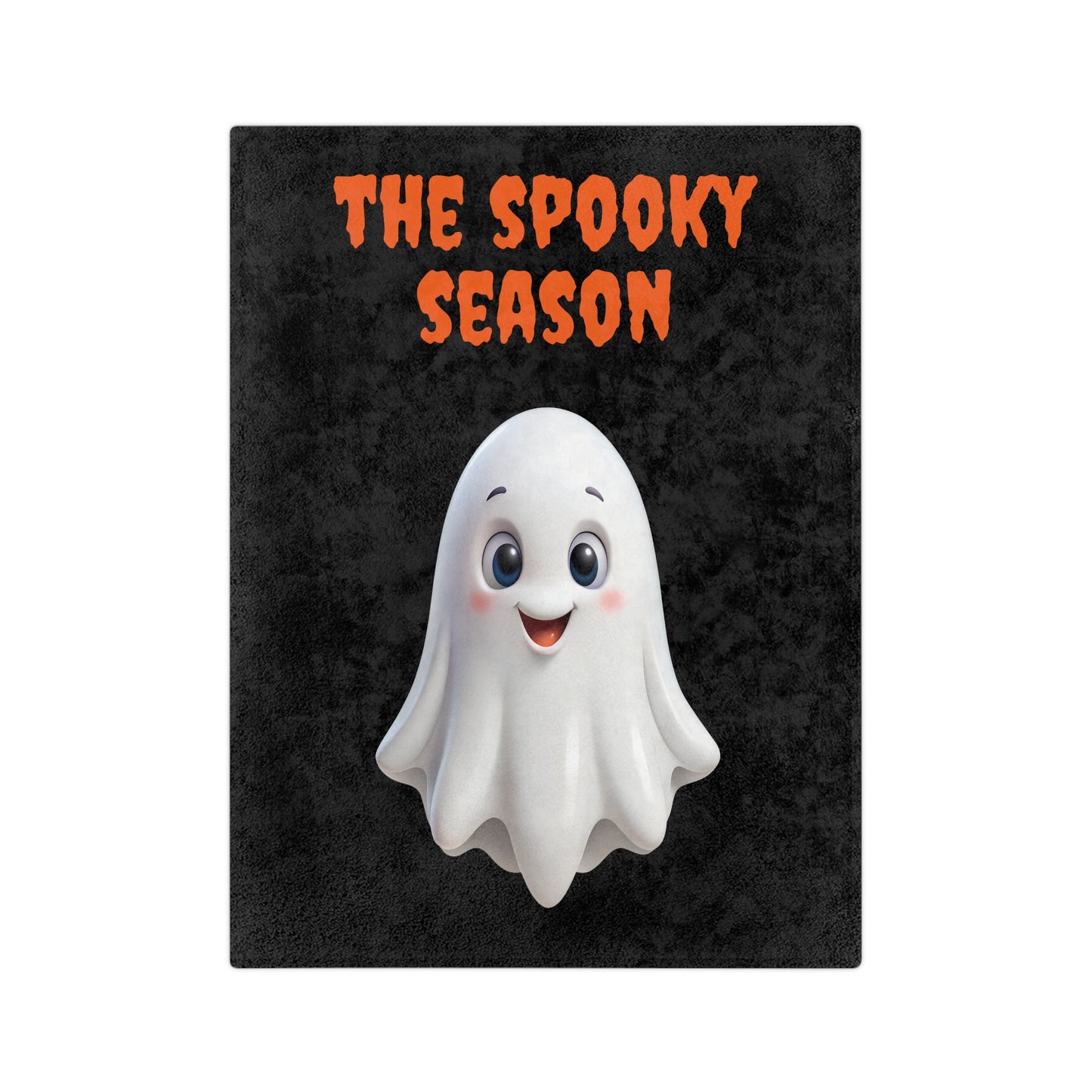 "The Spooky Season" Adorable Ghost Halloween Plush Blanket with a cute white ghost and orange text on a black background.


