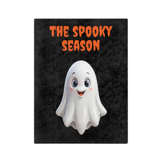 "The Spooky Season" Adorable Ghost Halloween Plush Blanket with a cute white ghost and orange text on a black background.

