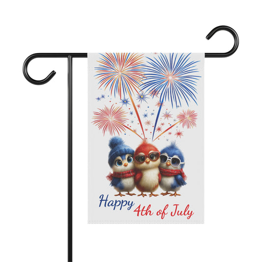 Happy 4th of July garden flag with three cute patriotic birds wearing red, white, and blue accessories and sunglasses, with fireworks in the background, summer outdoor decor.

