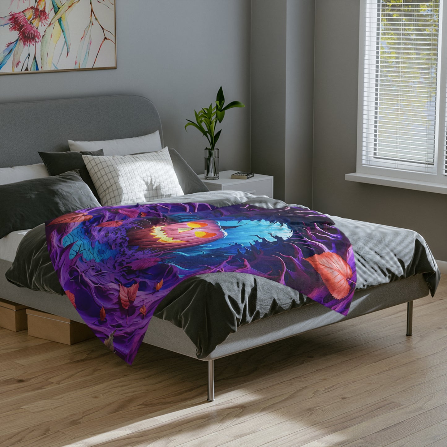 Eerie Glowing Pumpkin in Enchanted Purple Tree Hollow Blanket