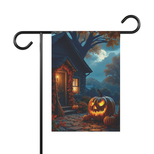 Rustic Halloween garden flag with glowing jack-o’-lantern on cobblestone path in front of a cottage with autumn leaves