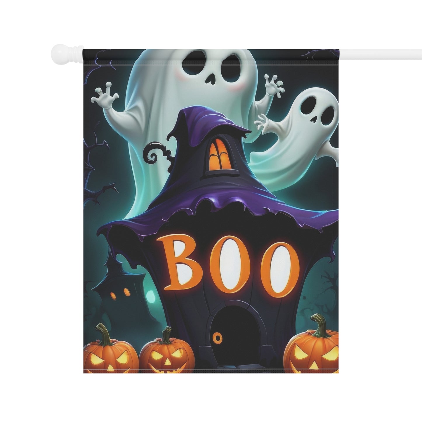 BOO Halloween Garden Flag with Ghosts and Pumpkins