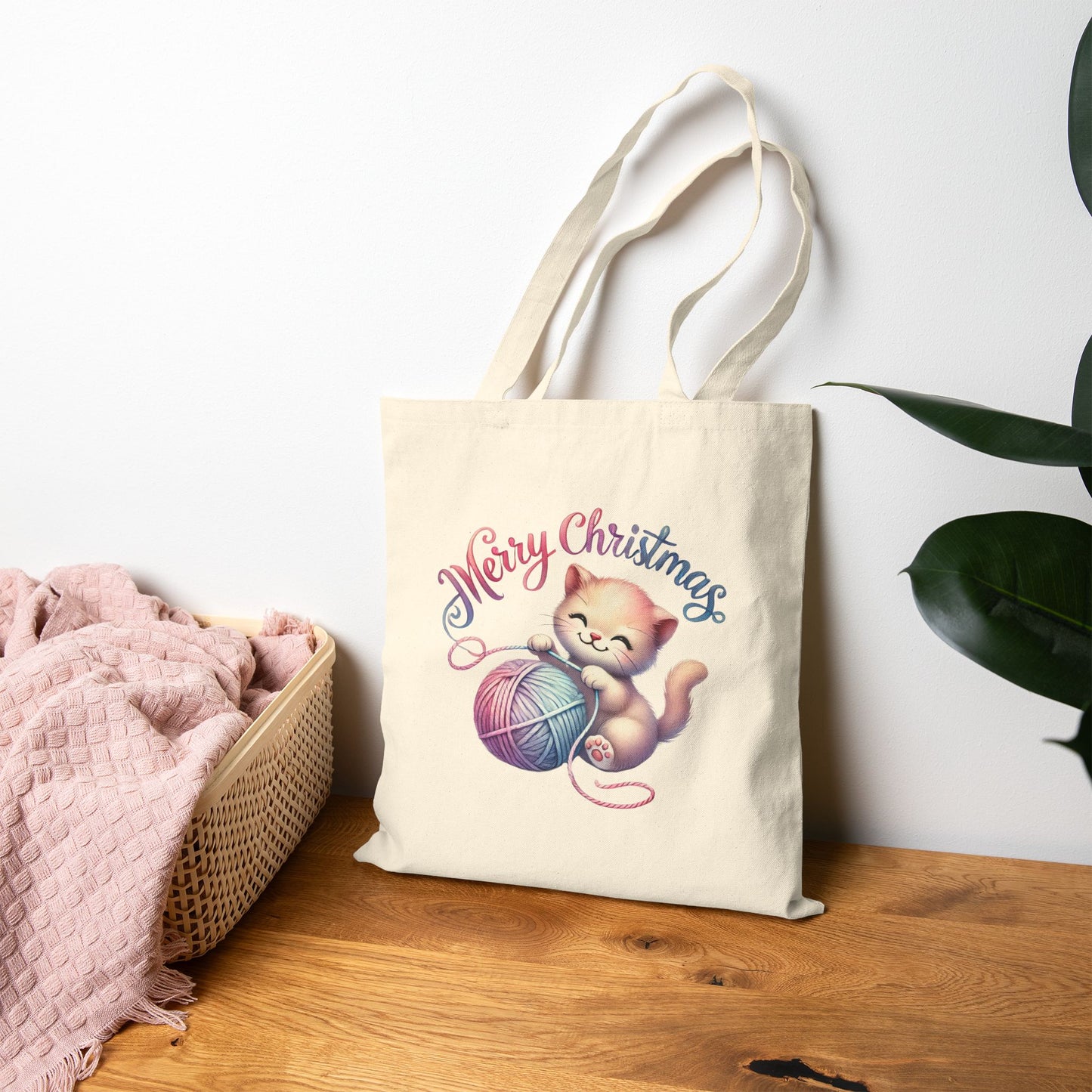 "Merry Christmas" Cute Kitten & Yarn Canvas Tote Bag