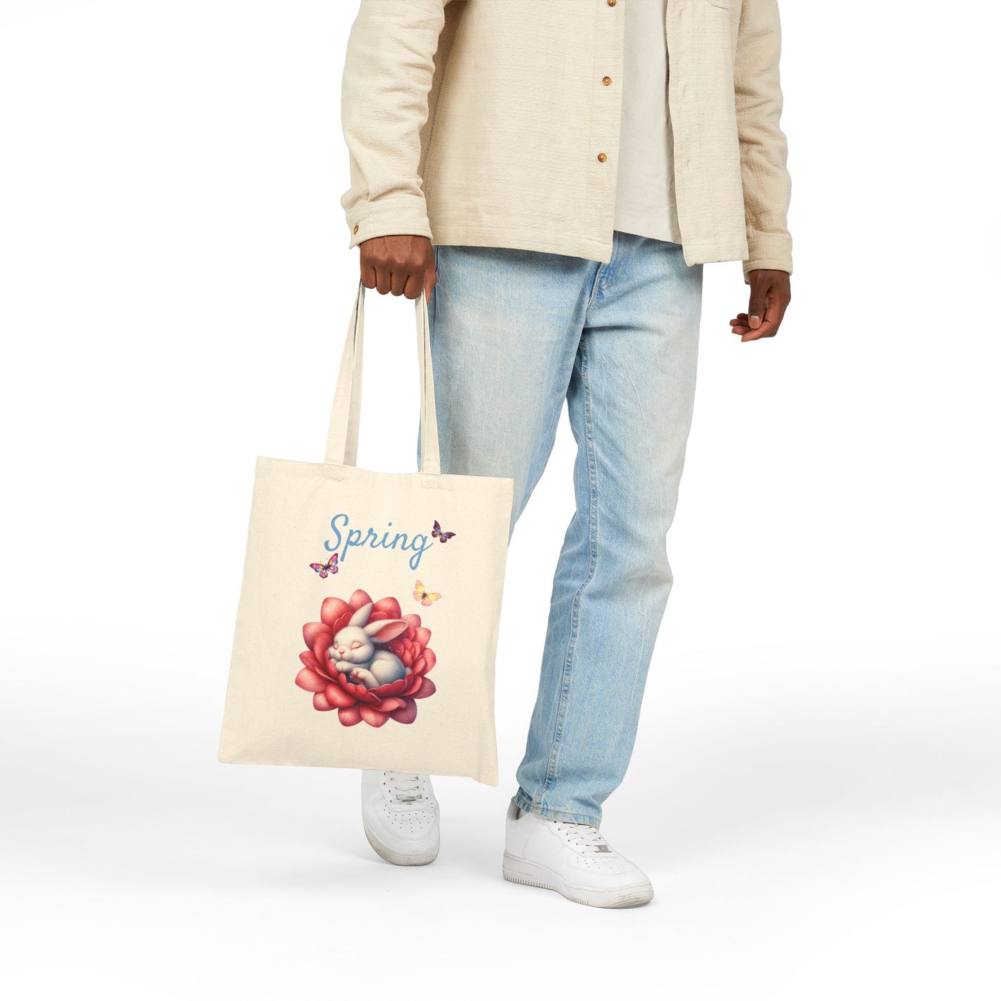 Adorable Sleeping Bunny & Floral Canvas Tote Bag