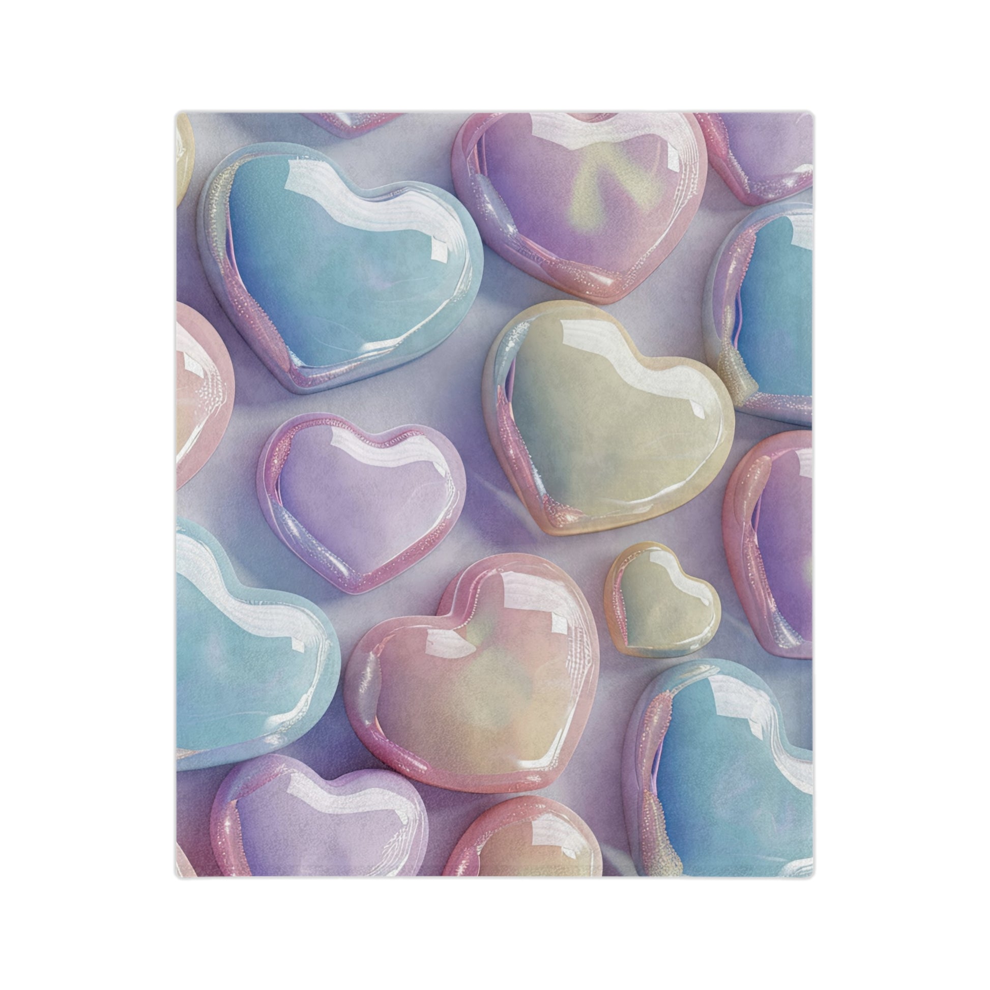 Velveteen blanket with a pattern of shiny, translucent hearts in pastel iridescent colors like blue, purple, pink, and yellow, on a light background.

