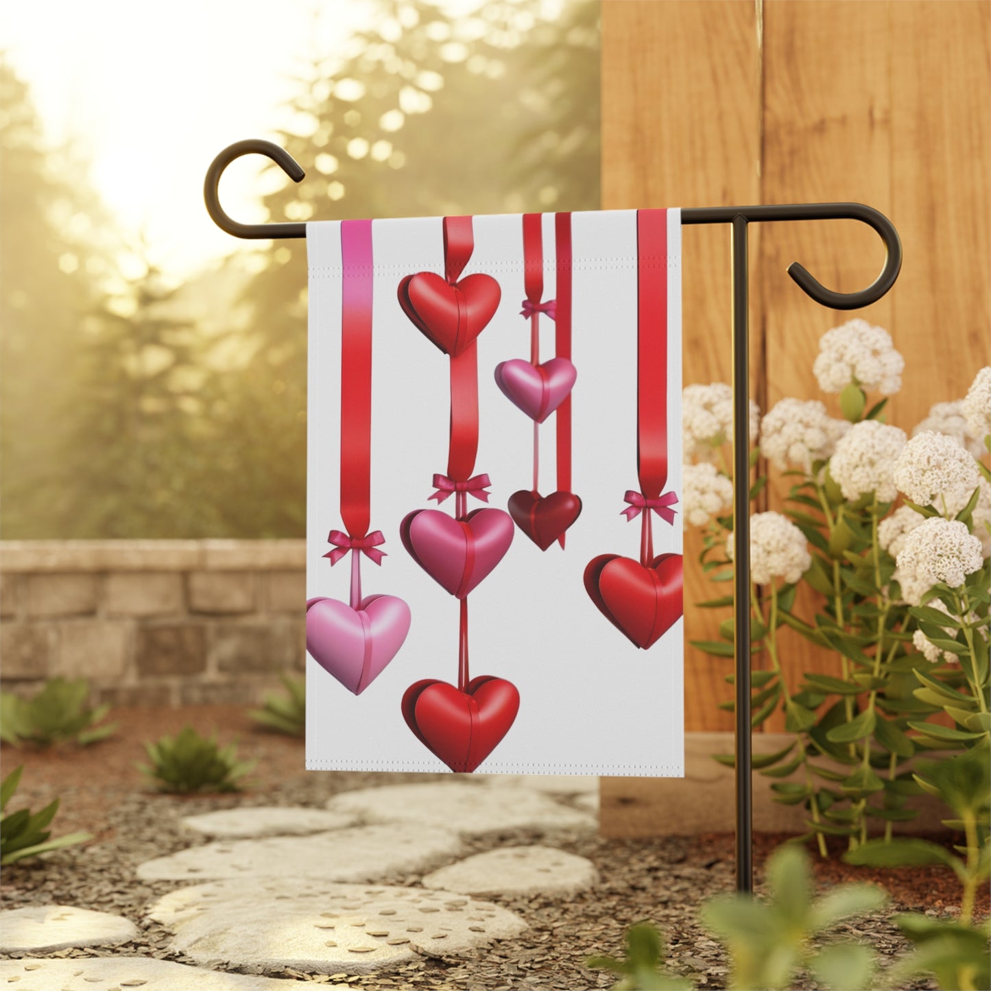 Valentine Garden Flag with Red & Pink Hanging Hearts