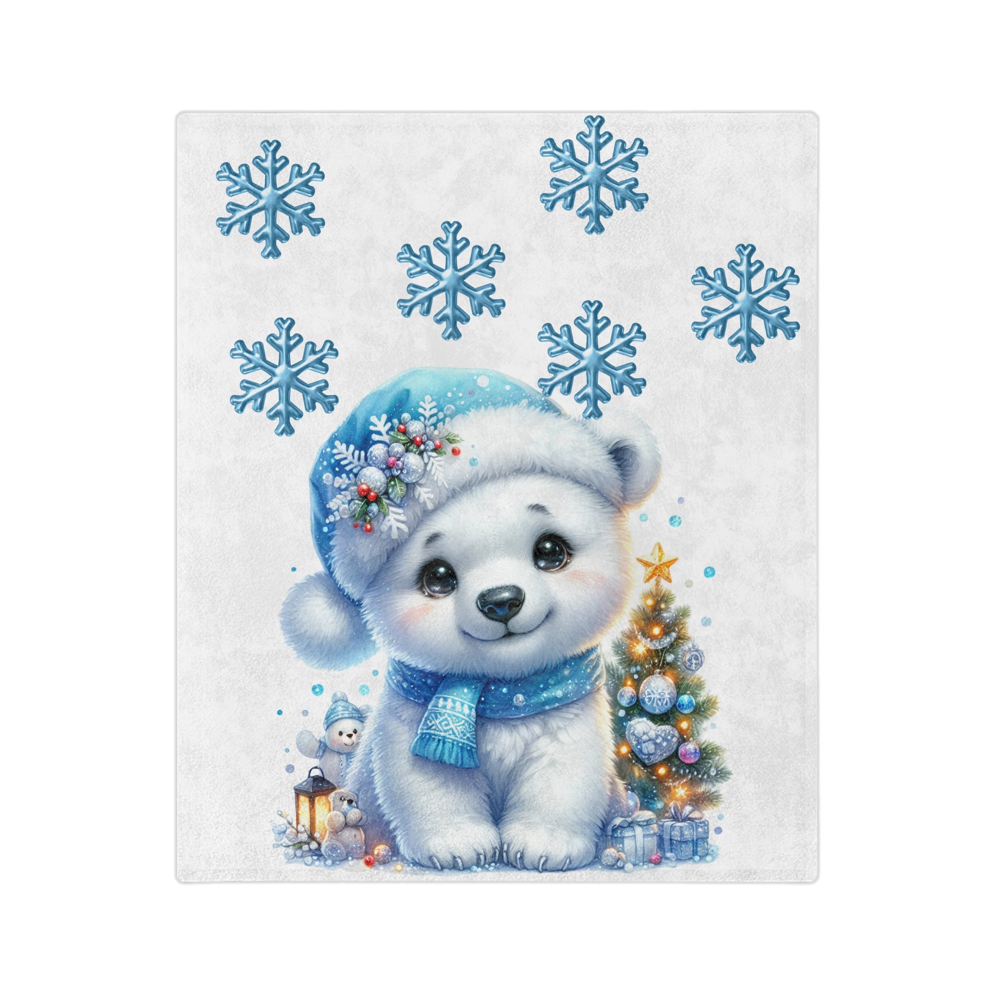 Cute Christmas polar bear in blue scarf and Santa hat sitting by a holiday tree with snowflakes and gifts on a velveteen plush blanket