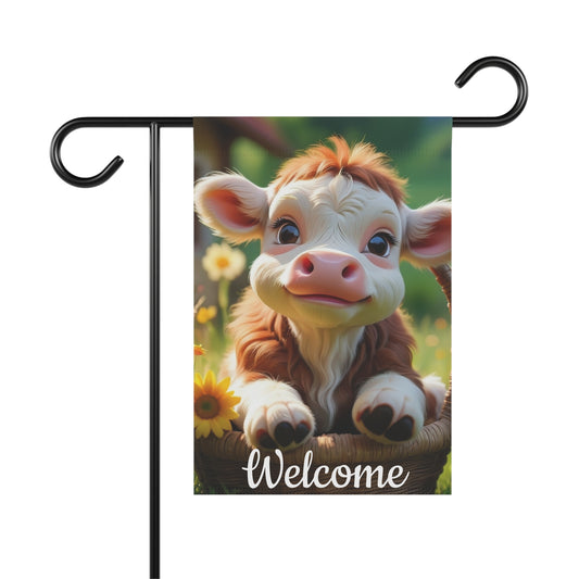 Cute baby cow in a basket with sunflowers, welcome garden flag farmhouse décor