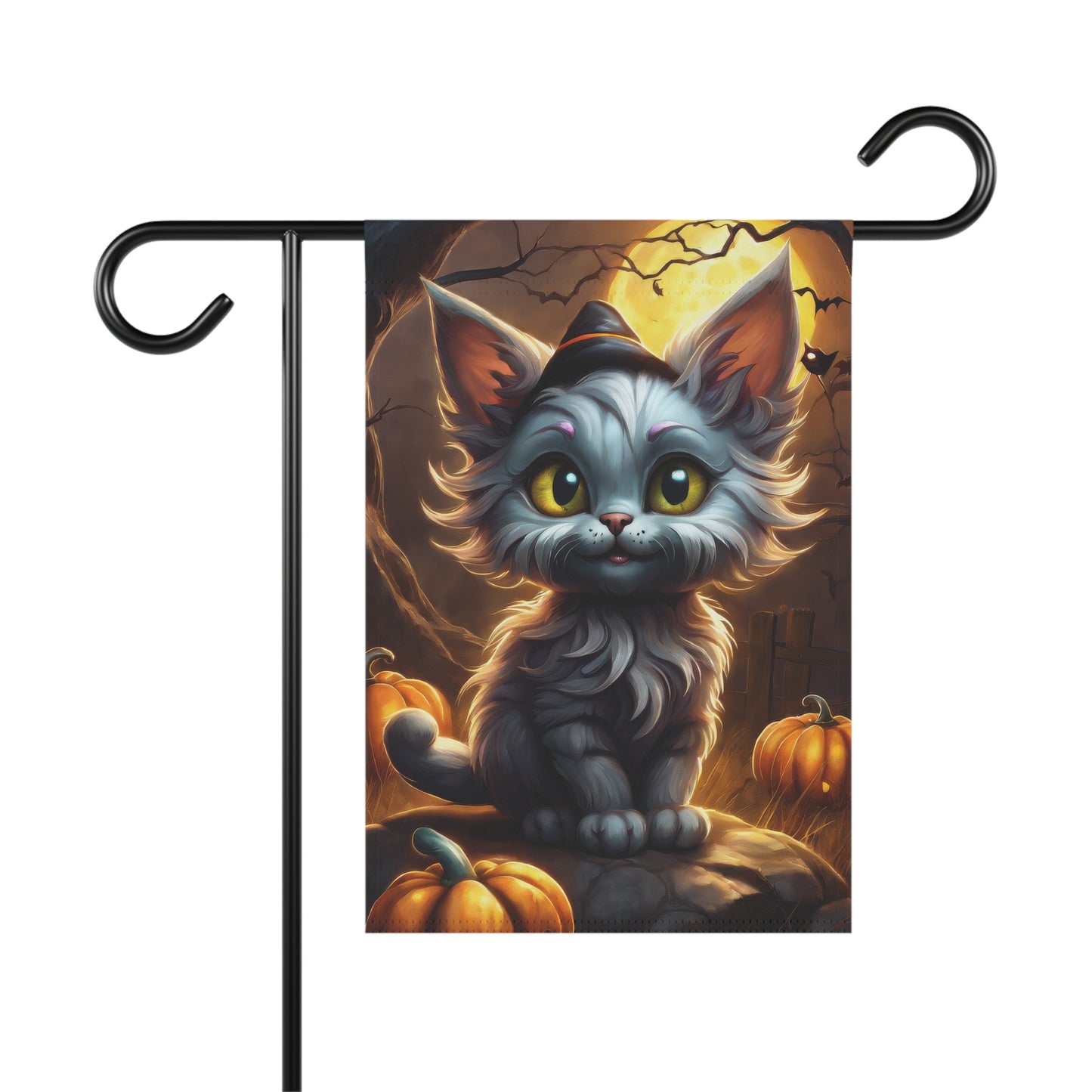 Cartoon Halloween garden flag with cute gray kitten in witch hat sitting among pumpkins under full moon