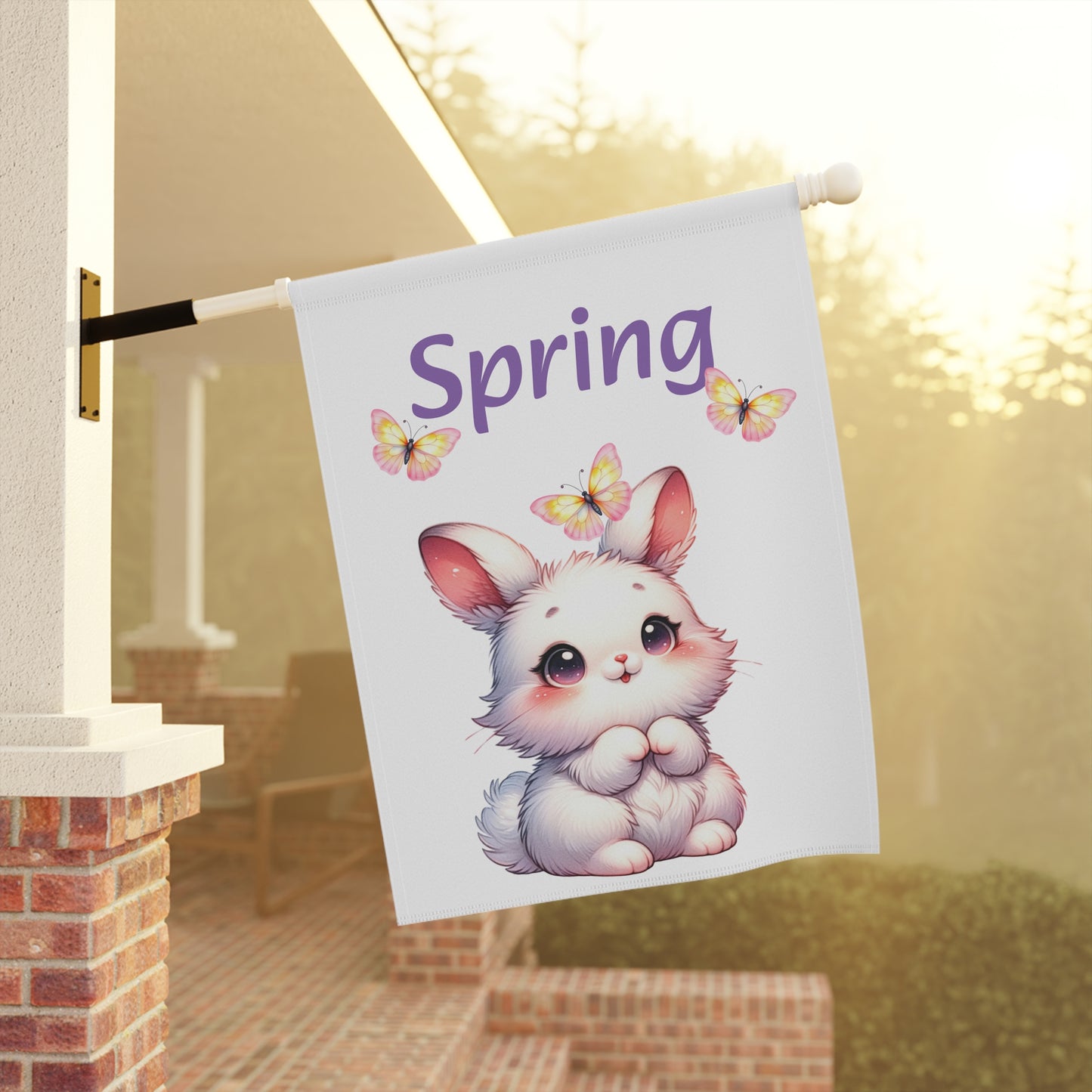 Adorable White Bunny & Butterflies Spring Garden Flag