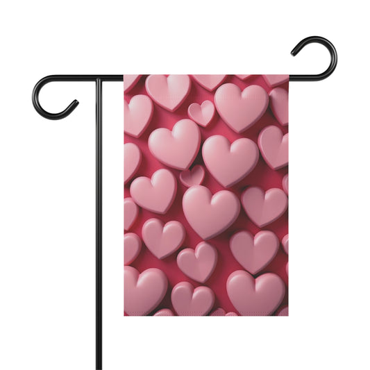 Valentine garden flag with 3D pink hearts on red background, romantic heart pattern for outdoor decoration
