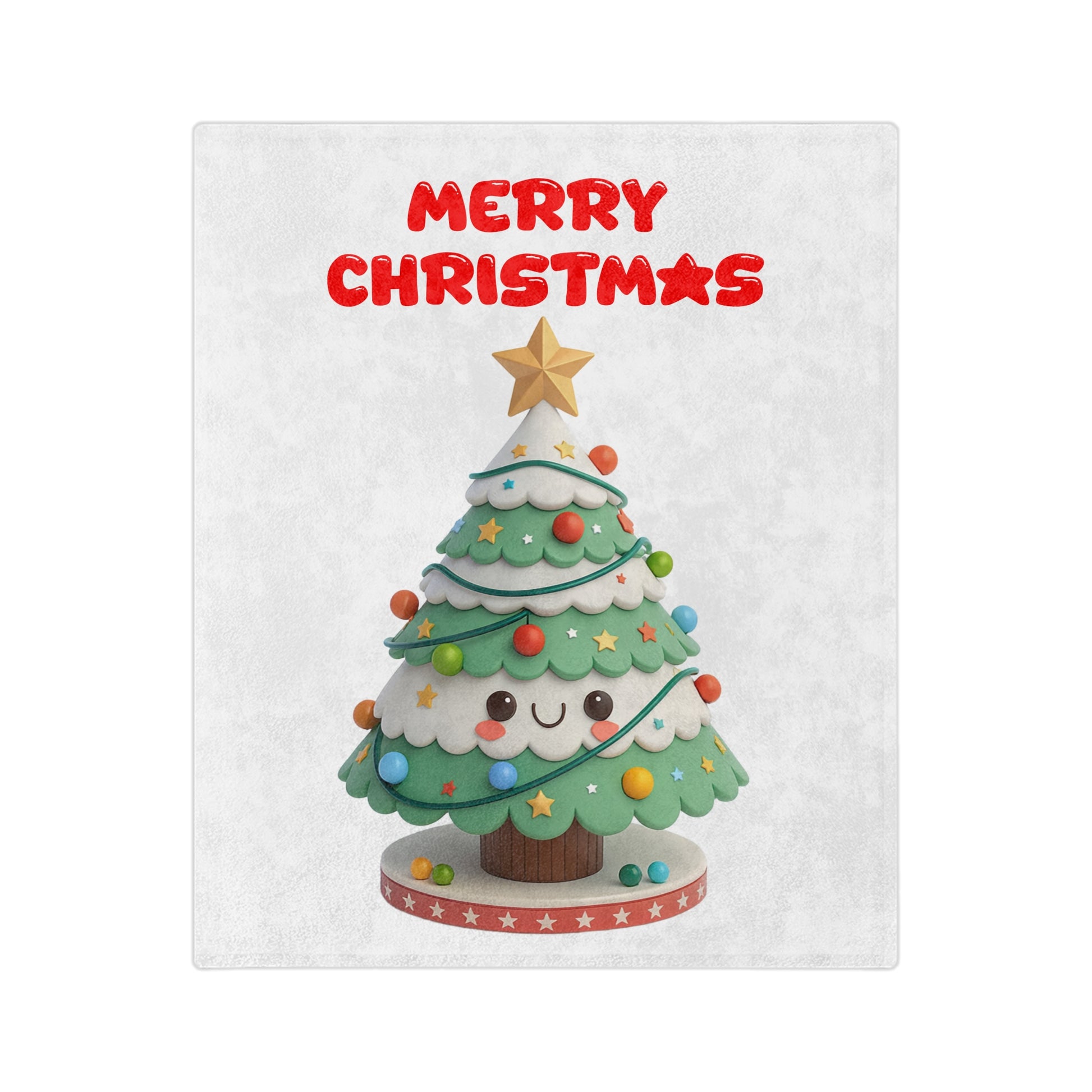 White velveteen blanket with a cute 3D-style illustration of a smiling cartoon Christmas tree with googly eyes, decorated with colorful ornaments and a star, with "Merry Christmas" in red text above it.

