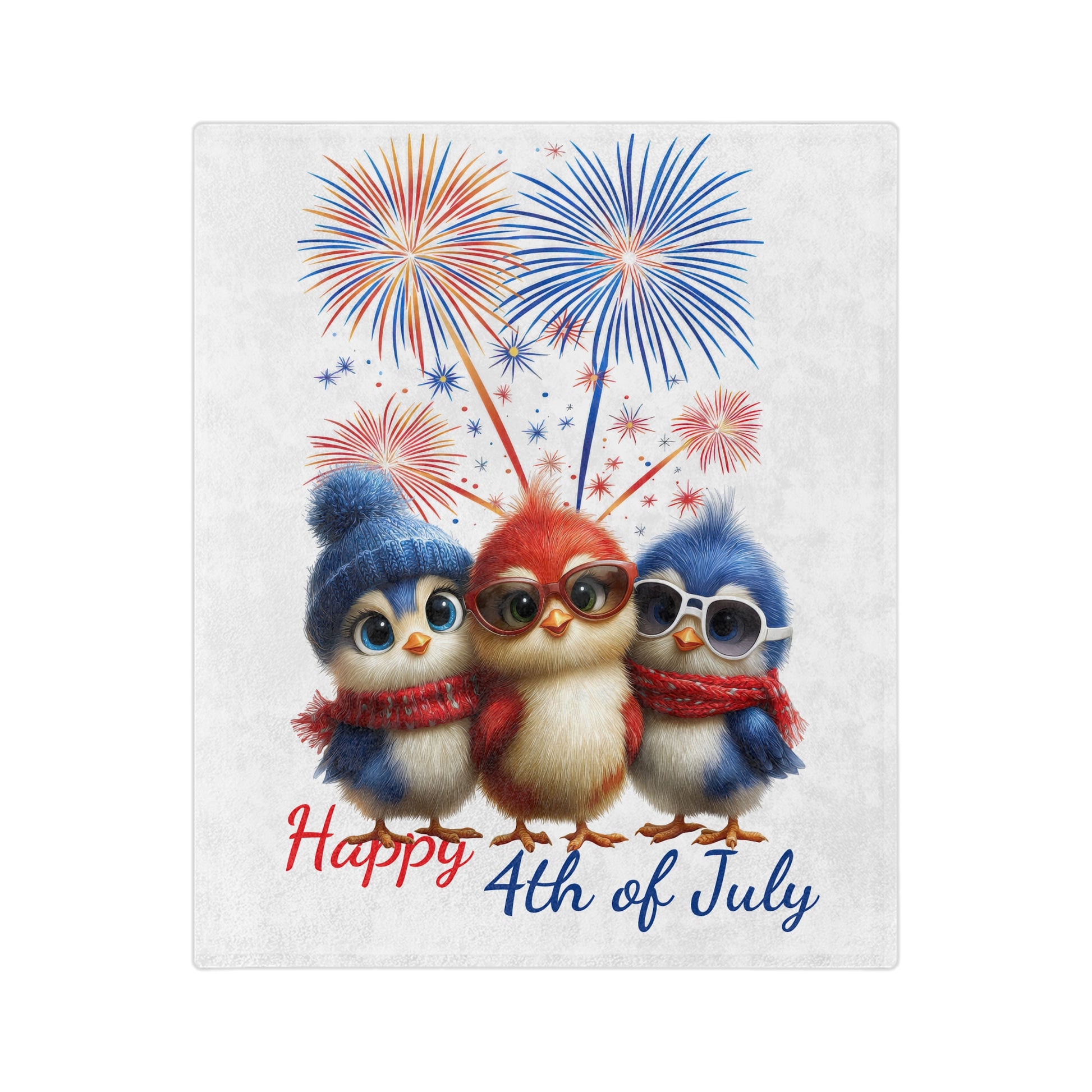 Velveteen plush blanket with three cute birds in red, white, and blue, wearing winter hats and scarves, with fireworks and “Happy 4th of July” text