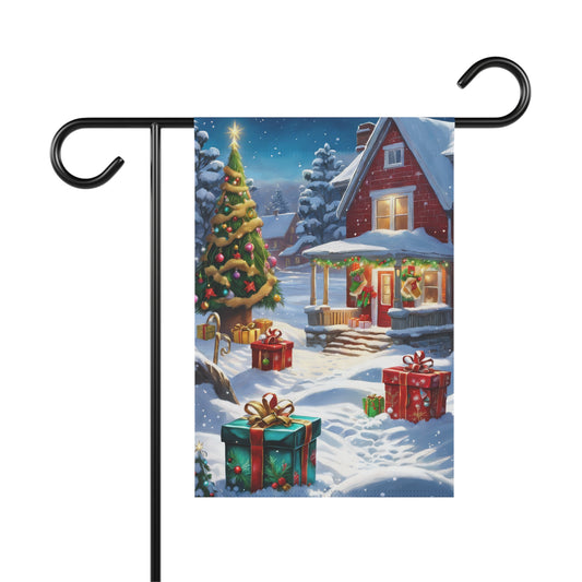 Festive Christmas home garden flag with a snow-covered red house, decorated Christmas tree, and wrapped presents in the snow, on a black metal garden flag stand

