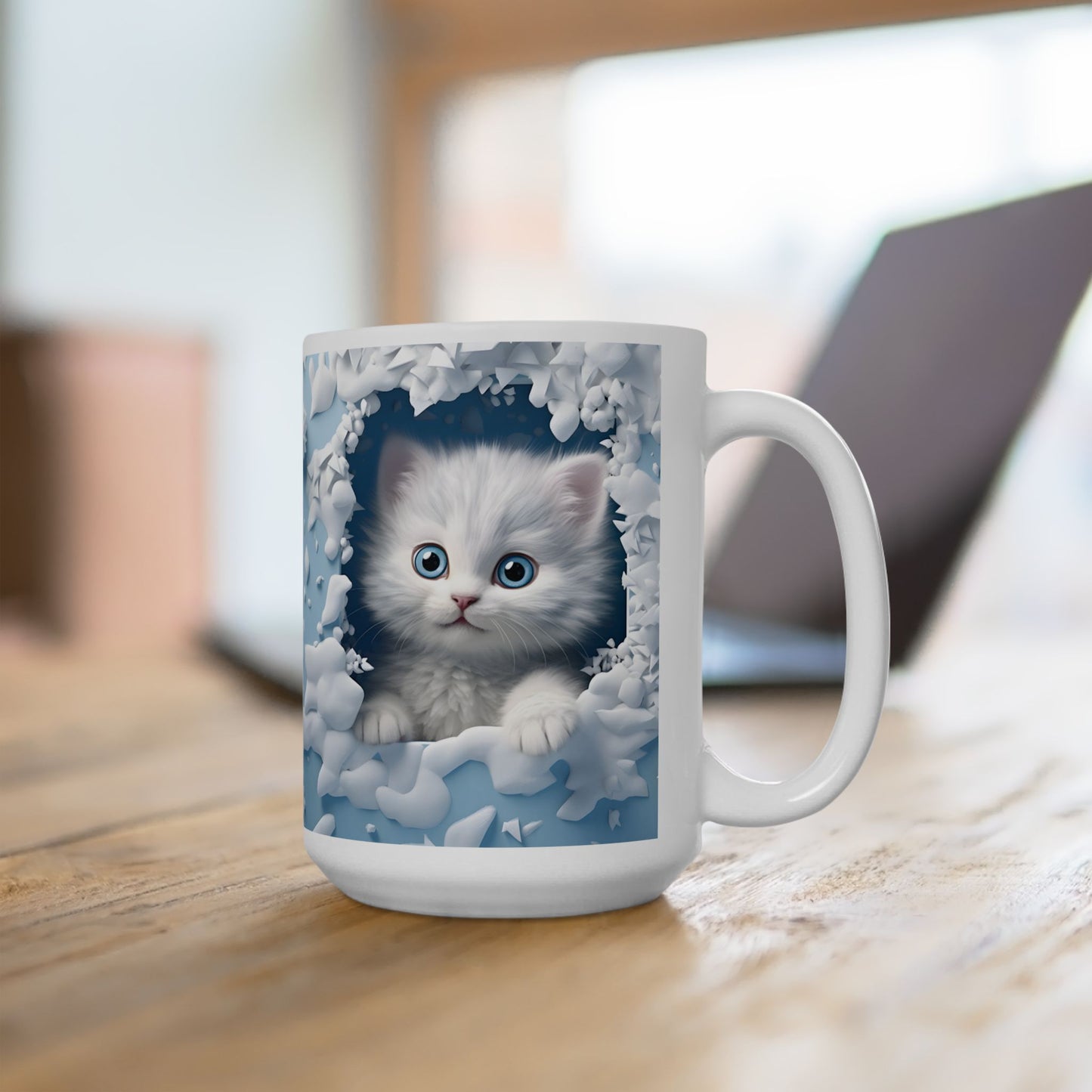 Adorable Blue-Eyed 3-D White Kitten Coffee Mug
