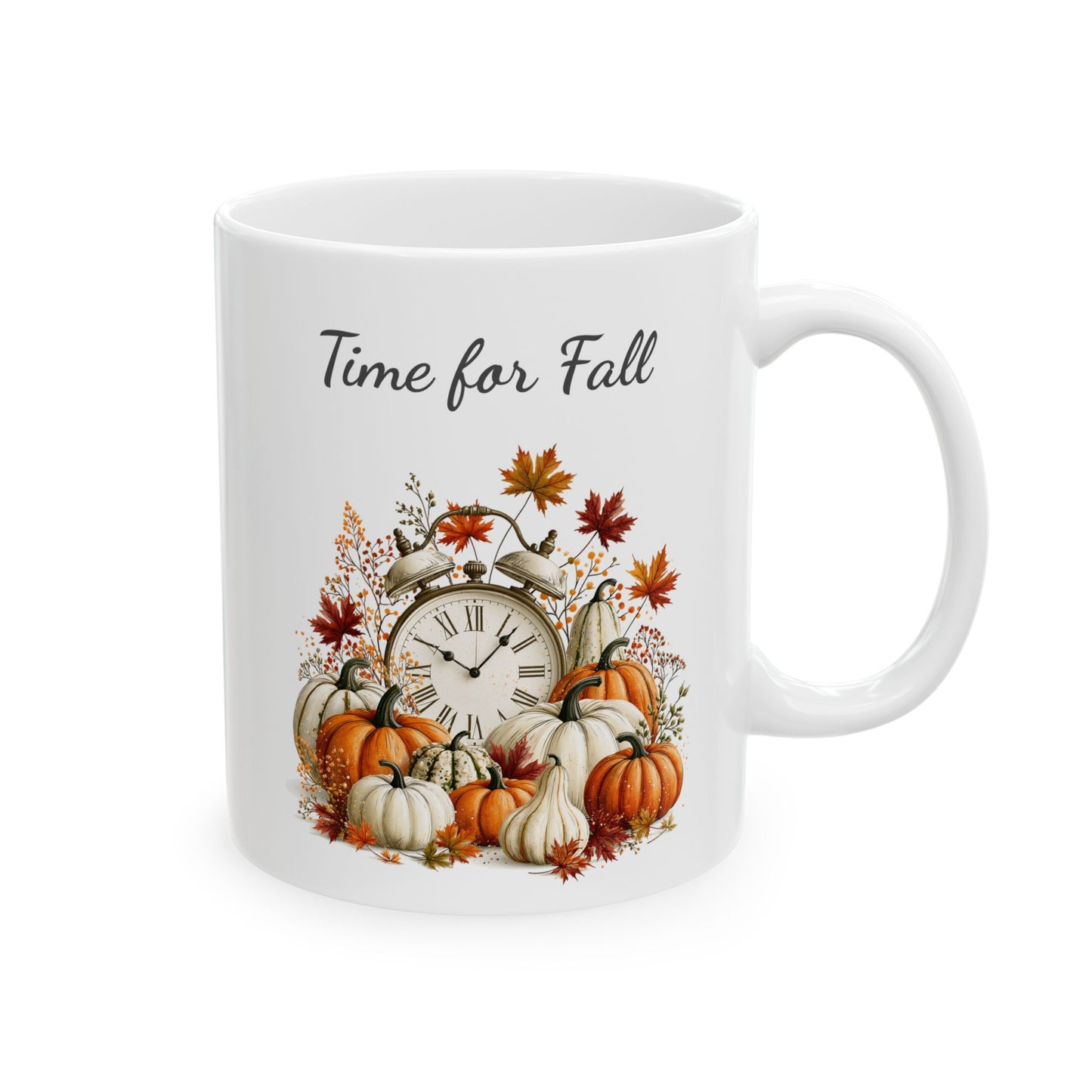 White ceramic mug featuring autumn harvest illustration beneath script text reading Time for Fall.
