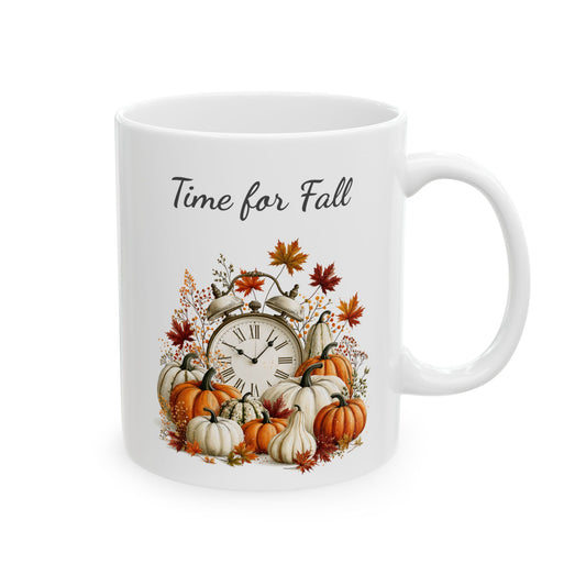 White ceramic mug featuring autumn harvest illustration beneath script text reading Time for Fall.

