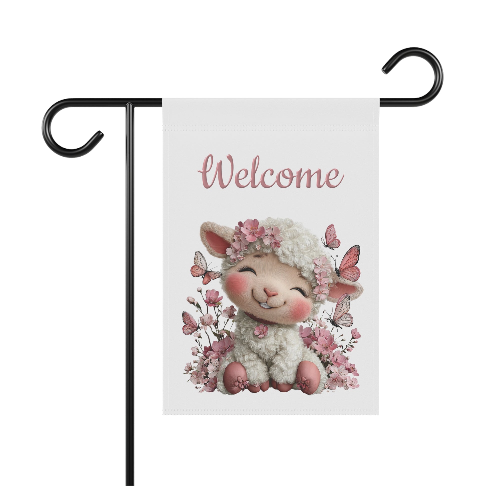 Spring garden flag featuring a happy smiling white lamb wearing a flower crown surrounded by pink butterflies and cherry blossoms under pink script text reading Welcome.