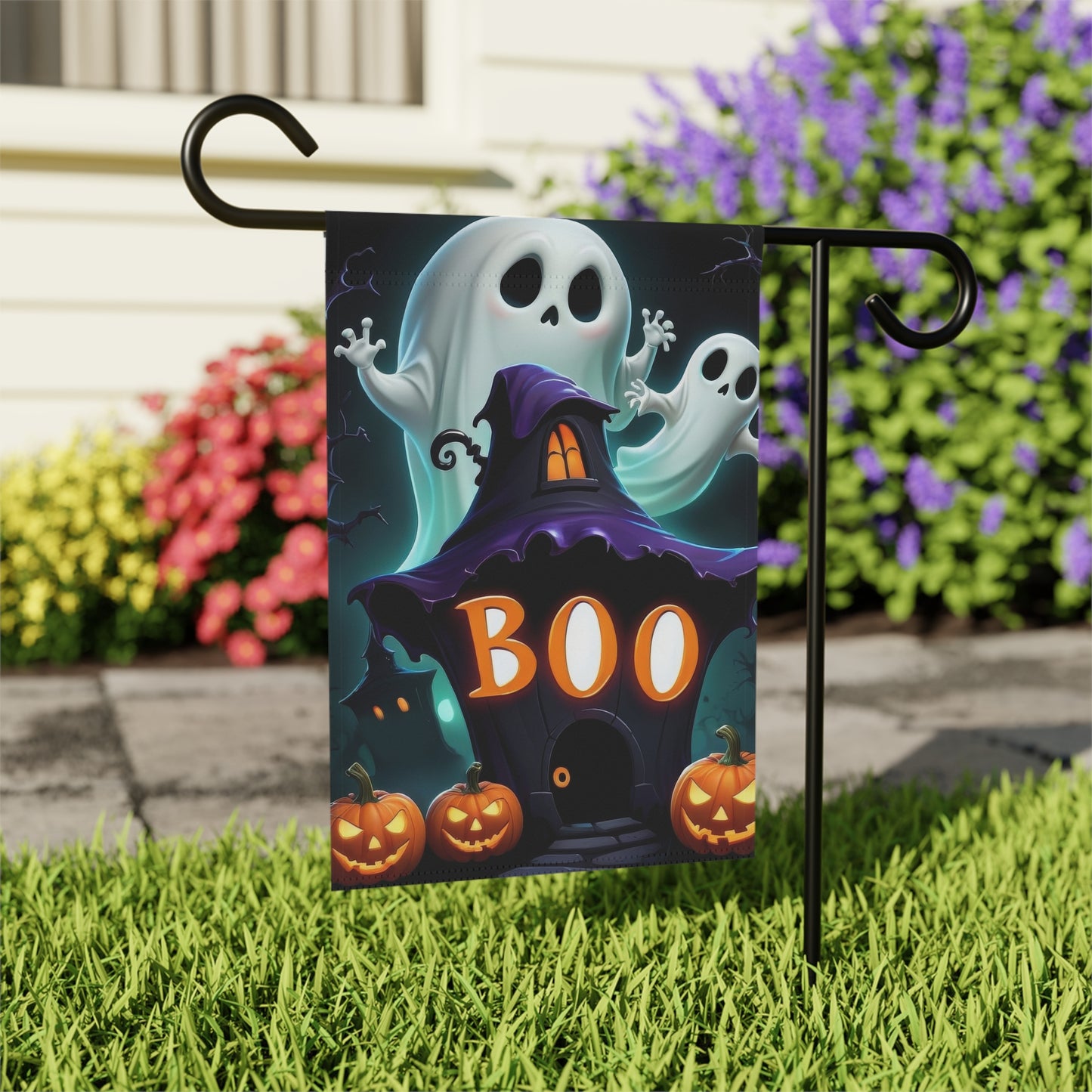 BOO Halloween Garden Flag with Ghosts and Pumpkins