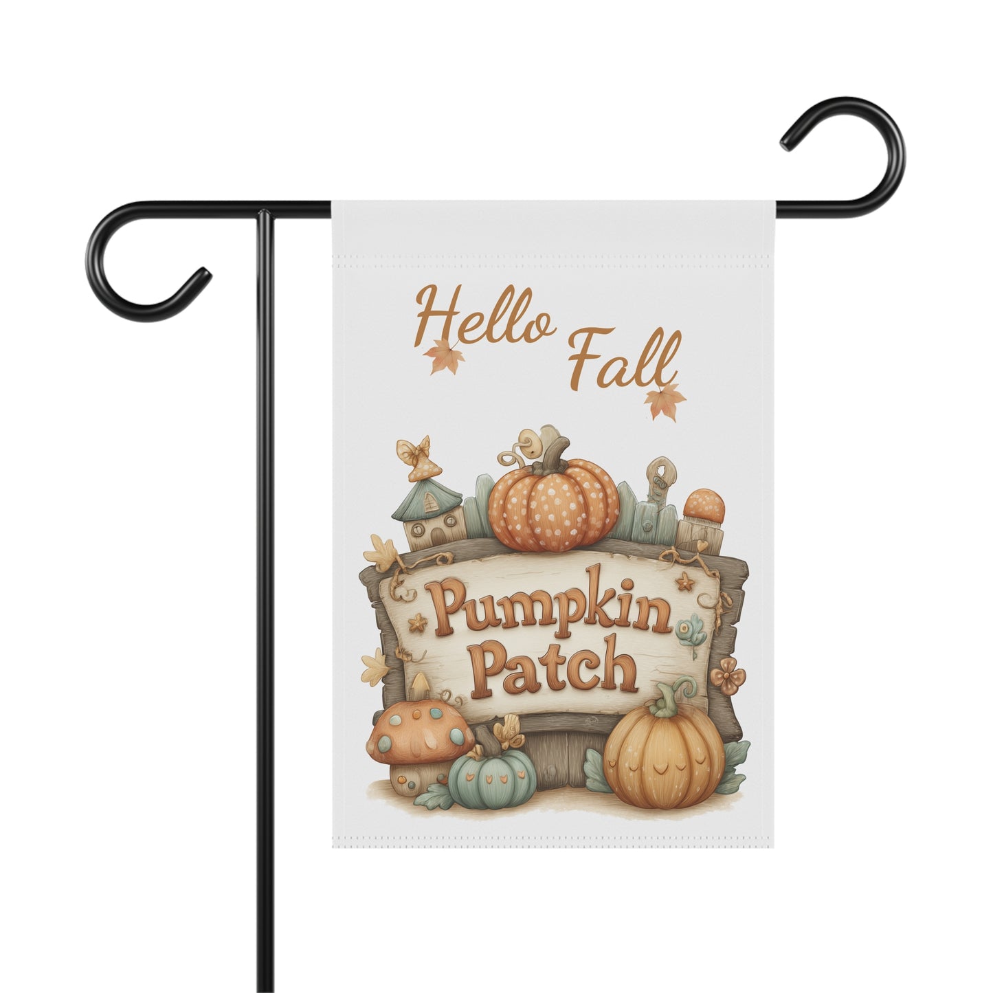 Outdoor garden flag featuring a rustic wooden pumpkin patch sign illustration beneath orange script text reading Hello Fall.